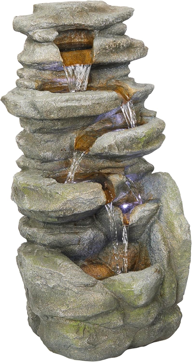 Alpine Corporation 24" H Outdoor Waterfall Floor Fountain with White LED Lights, Gray