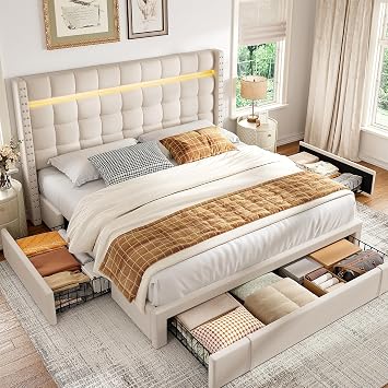 EnHomee Queen Bed Frame with 3 Storage Drawers, Upholstered Platform Bed with RGB LED Lights, Cozy Headboard,No Box Spring Needed, Noise-Free,Beige