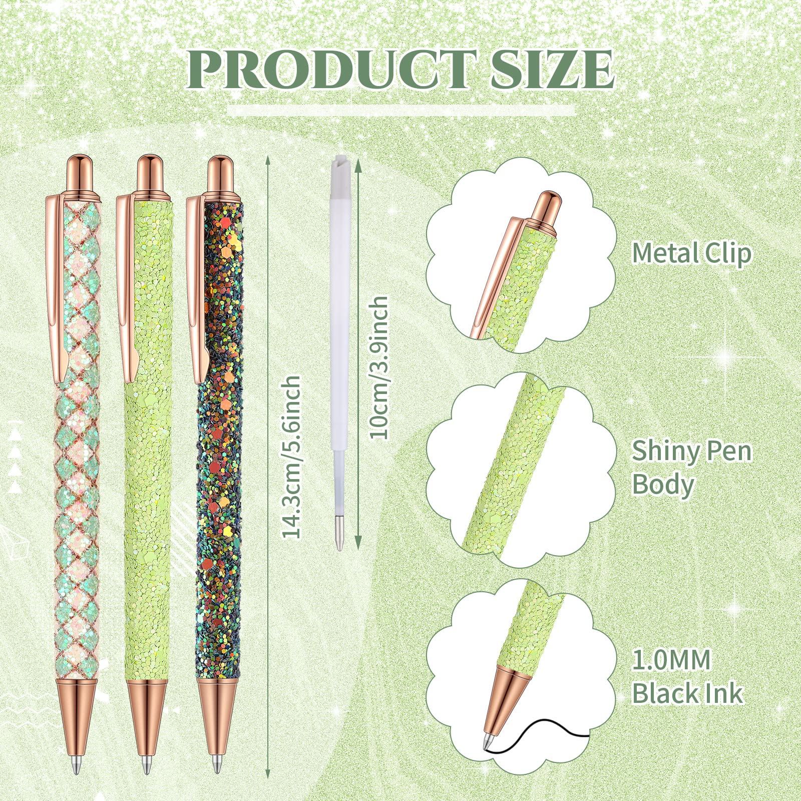 Sherr 7 Pcs Fancy Pens for Women Cute Sparkly Glitter Pens with 10 Pcs Black Ink Refills Pretty Gifts for Girls Office School Christmas Graduation(Fresh)
