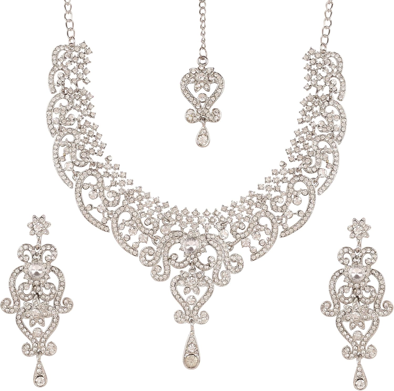 Touchstone Indian Bollywood Gorgeous intricate Workmanship Sparkling White Colorful Rhinestone crystal wedding Designer Jewelry Necklace Set In Gold or Silver Tone For Women.