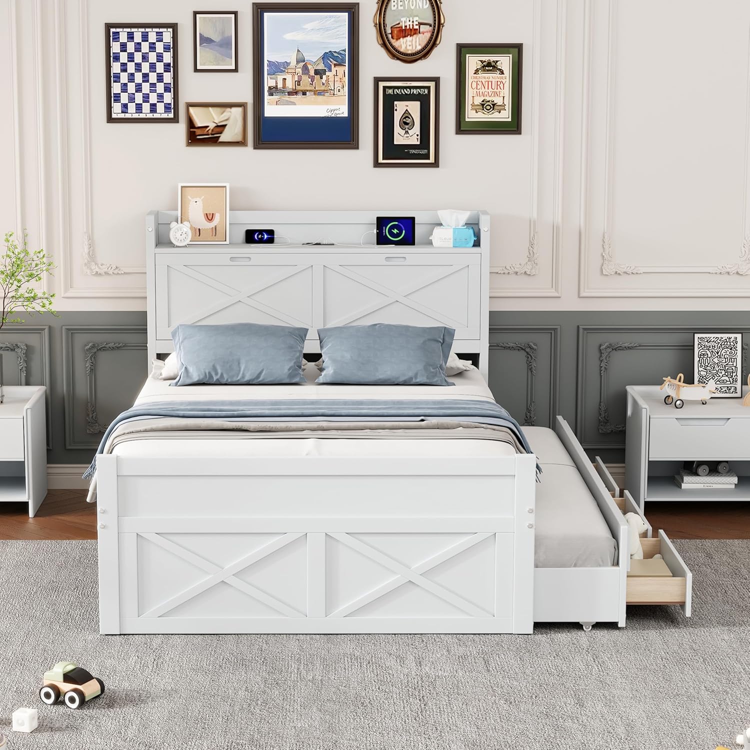 Full Size Bed with Trundle Storage Drawers and Charging Headboard Wood Platform Bed Frame with USB Ports Hidden Bookcase and Twin Pull-Out for Kids Teens Guest Room White