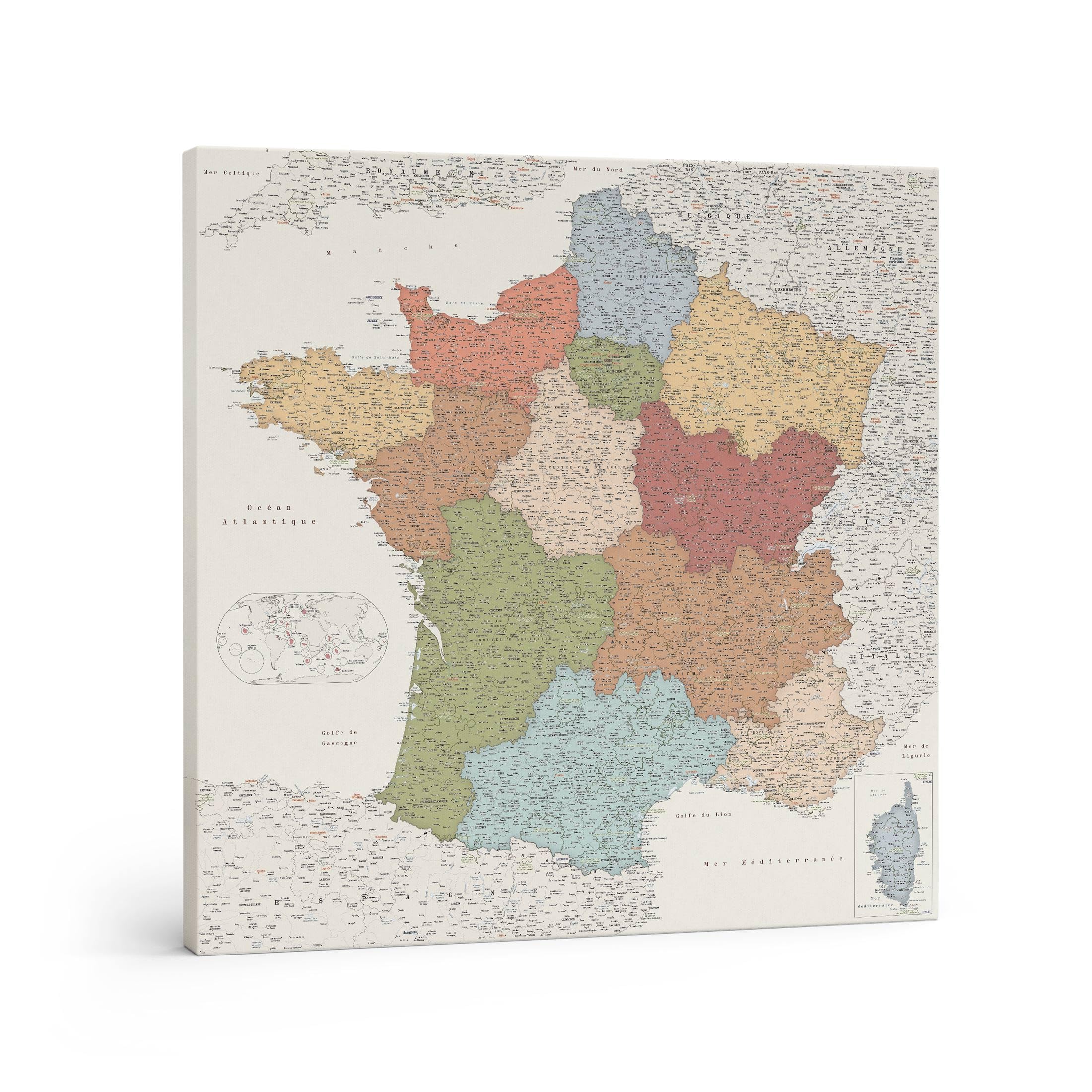 Trip map Carte de France avec épingles - Tableau carte de France détaillée en toile - Pour marquer les endroits où vous êtes allés (60x60 cm, Toile avec tableau d'affichage (en liège), Colorée)