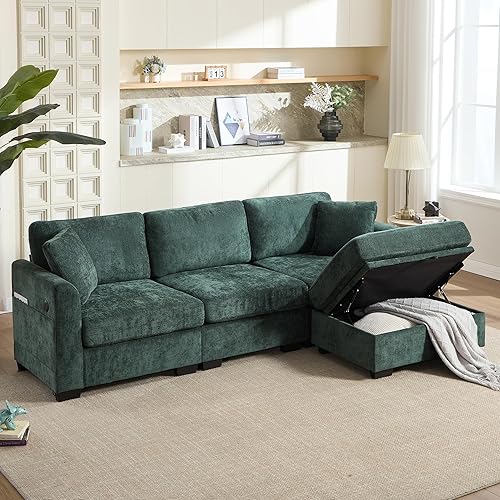 Sofá seccional verde, sofá modular seccional, sofá otomano de almacenamiento móvil con almacenamiento, sofás seccionales en forma de L, 4 asientos,