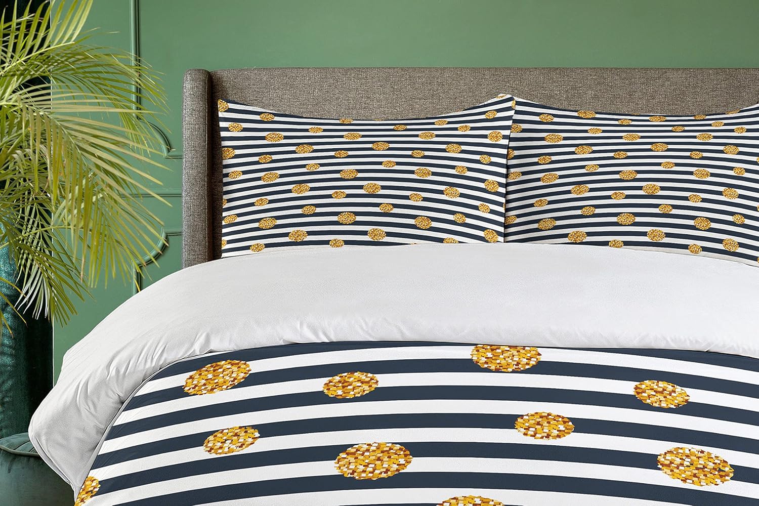 Ambesonne Modern Duvet Cover Set, Horizontal Nautical Lines with Circles Rounds Polka Dots, Decorative 3 Piece Bedding Set with 2 Pillow Shams, King Size, Yellow Blue