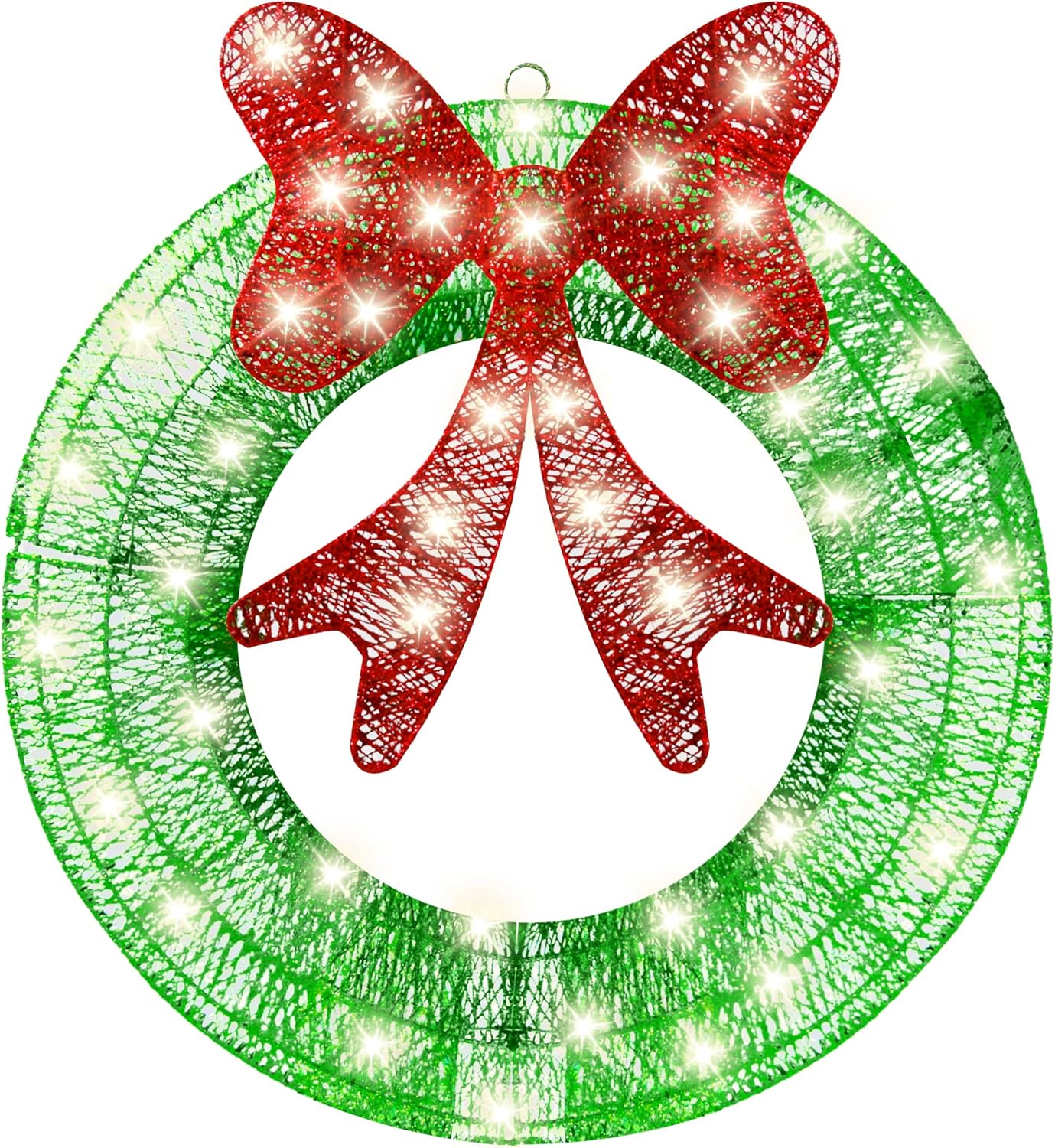 Ogrmar 24in Outdoor Christmas Wreath Decoration, LED Metal Bow Christmas Wreath Decoration, Lighted Xmas Decor, Pre Lit Lights Holiday Decor