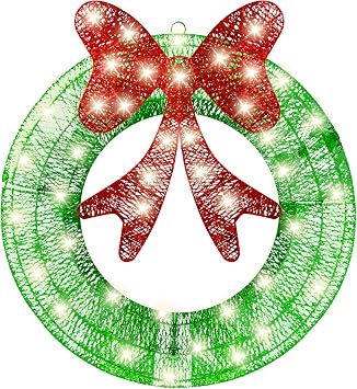 Ogrmar 24in Outdoor Christmas Wreath Decoration, LED Metal Bow Christmas Wreath Decoration, Lighted Xmas Decor, Pre Lit Lights Holiday Decor