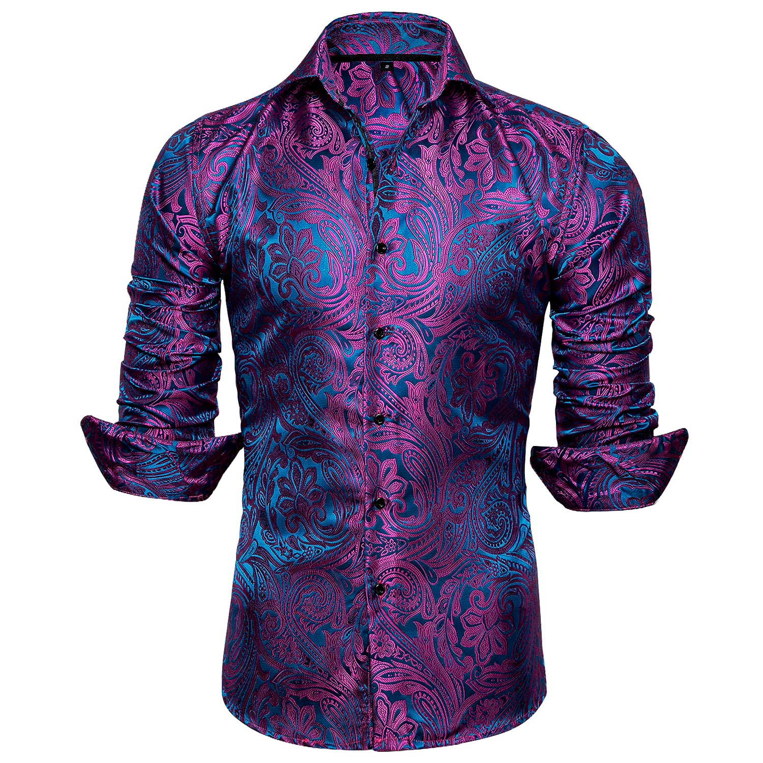 Barry.Wang Men's Paisley Shirt Bequemer Schnitt für große und große Männer Seide Jacquard Business Hochzeit Freizeithemd für Männer