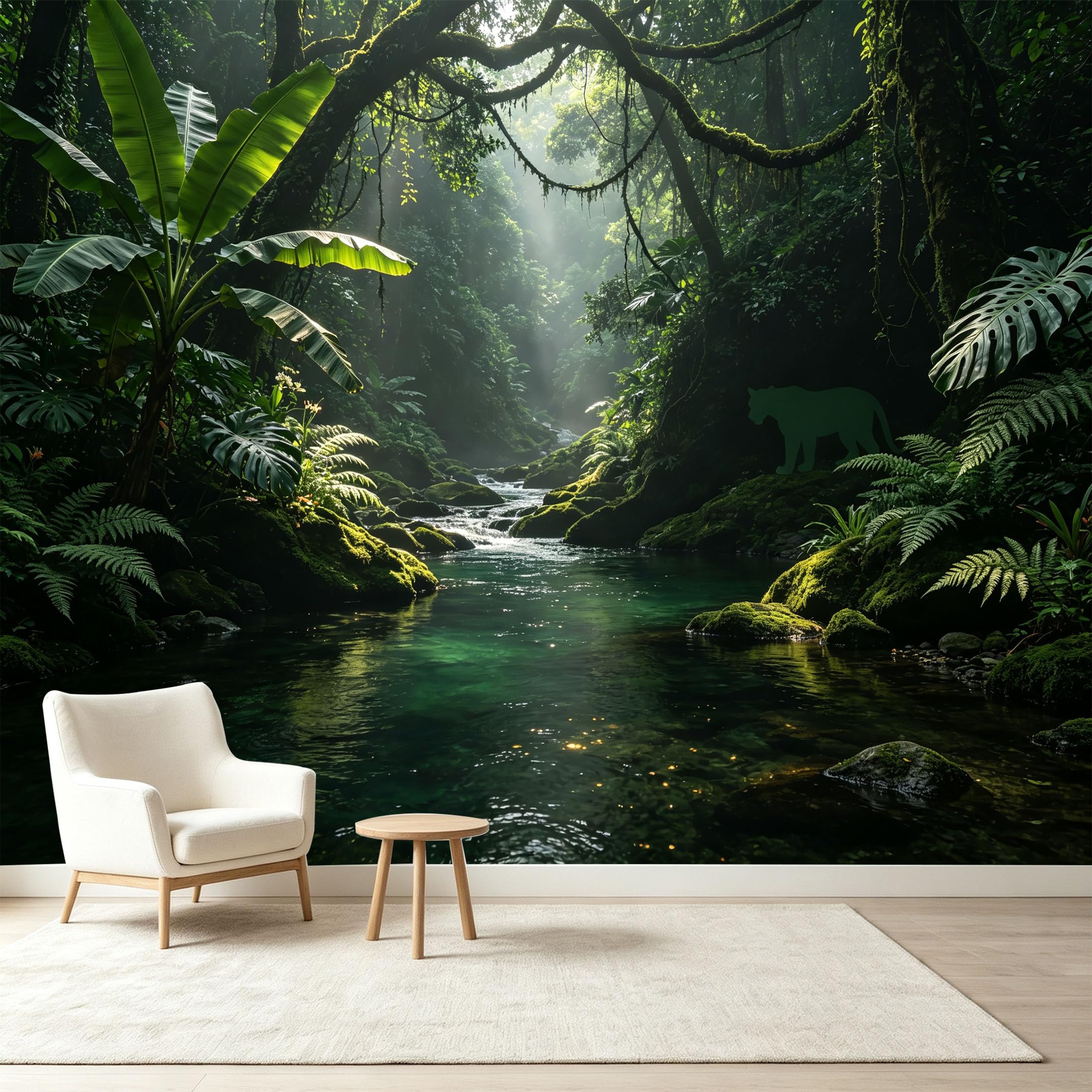 Custom Size Wall Murals Tropical Jungle Rainforest River Sunbeams Fern Palm Leaves Self-Adhesive Wall Fabric Removable Wallpaper Wall Decor for Living Room Bedroom Bathroom