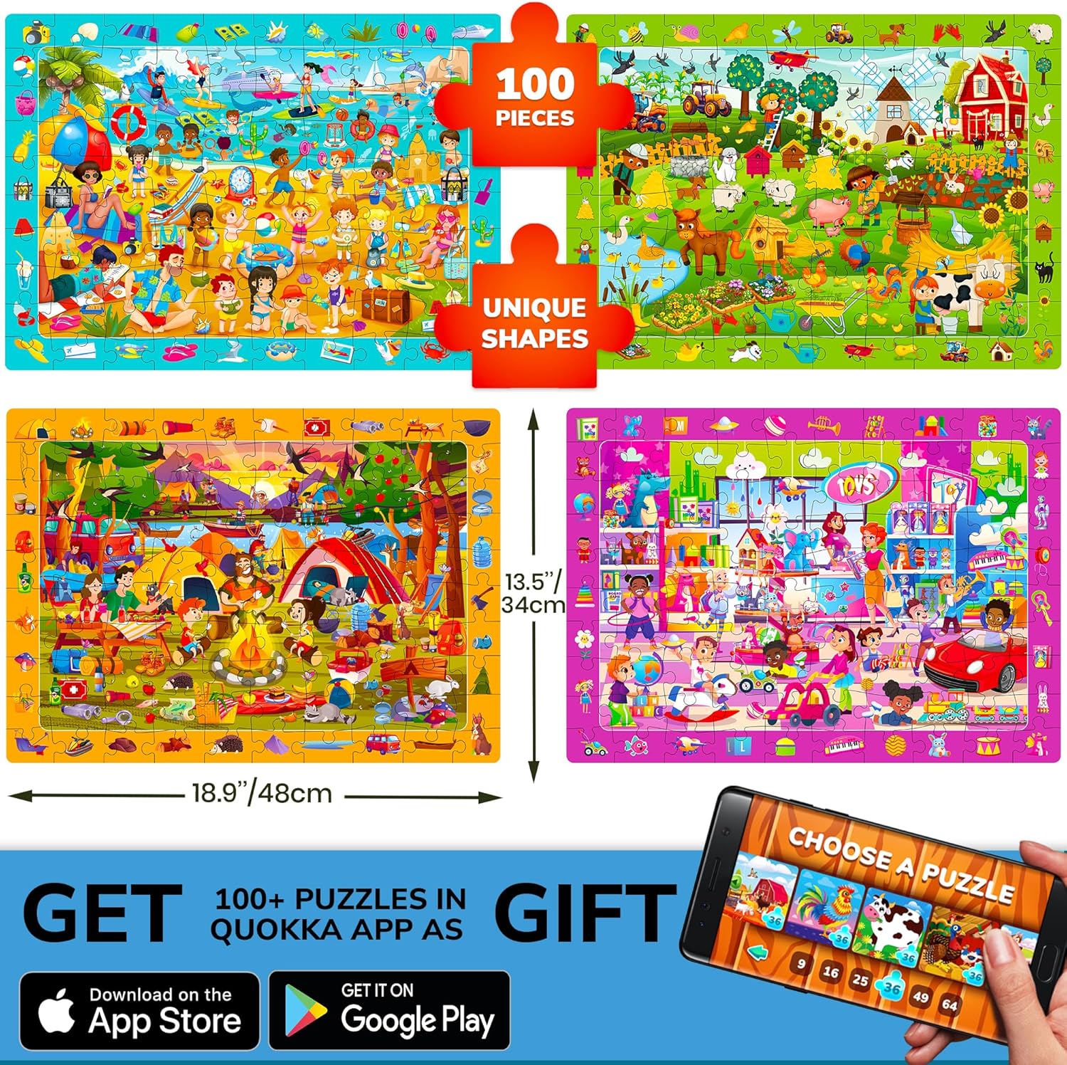 QUOKKA 100 Piece Puzzles for Kids Ages 4-6 – 4xSET Search and Find Kids Puzzles Ages 5-8 – Artist-Crafted Illustrations with Children Daily Life, Hidden Objects - Educational Activity Toy Gift