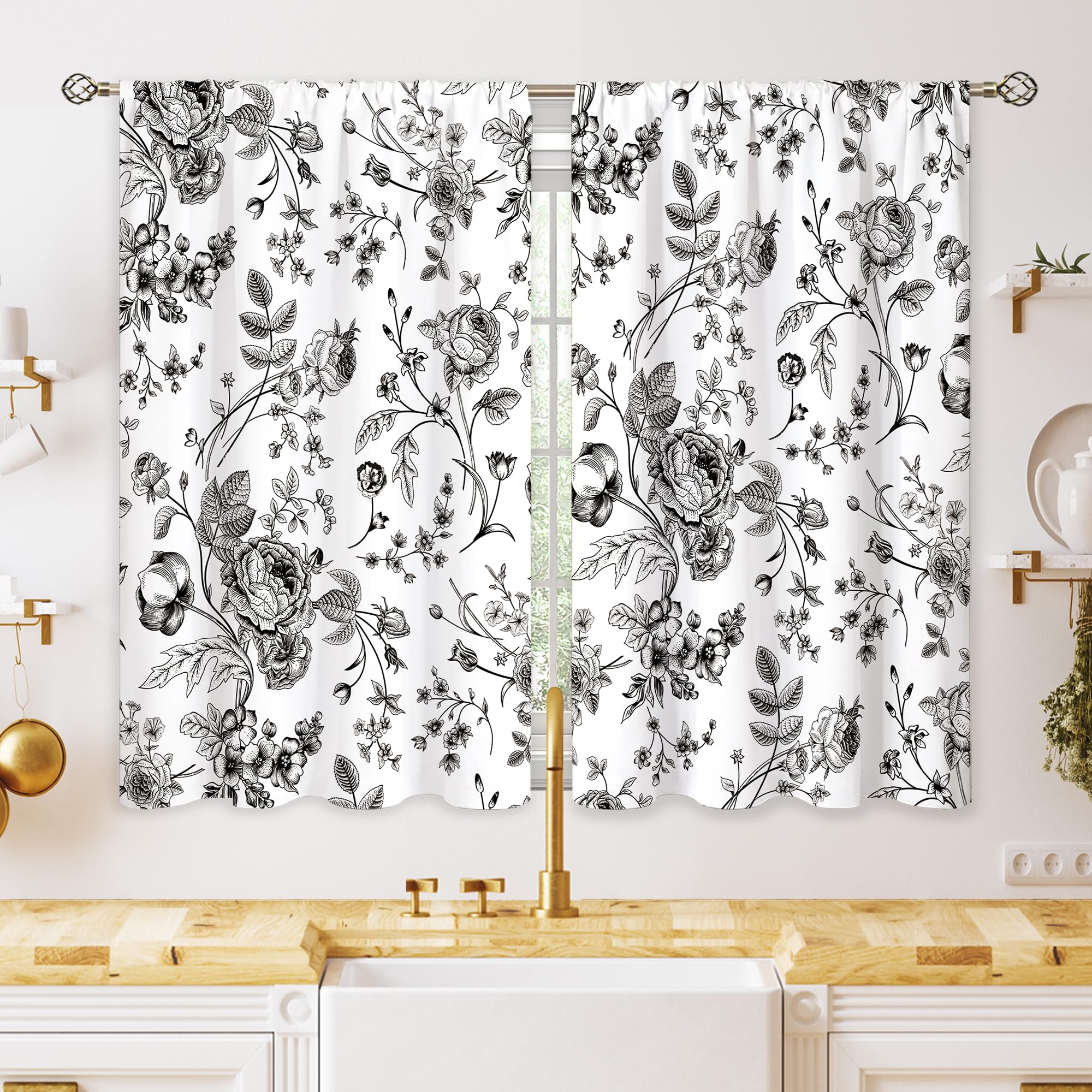 Black White Flower Small Kitchen Curtains Vintage Floral Plant Window Treatment Spring Botanical Cafe Short Window Curtains for Bathroom Dining Laundry Room Tier Treatment Drapes 27.5x39 inch