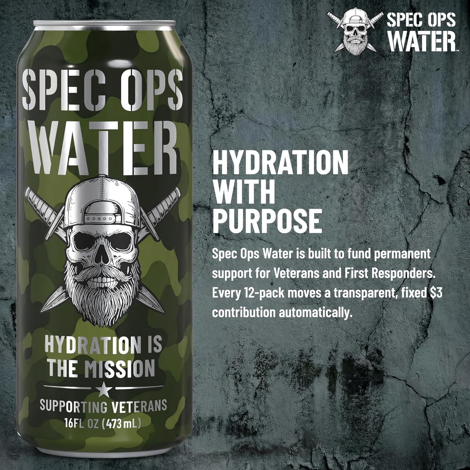 Spec Ops Water Still Drinking Water, 12 Pack 16 fl oz Aluminum Cans, Sugar Free and Additive Free Hydration, Recycled Packaging, Veteran Owned, Made in America