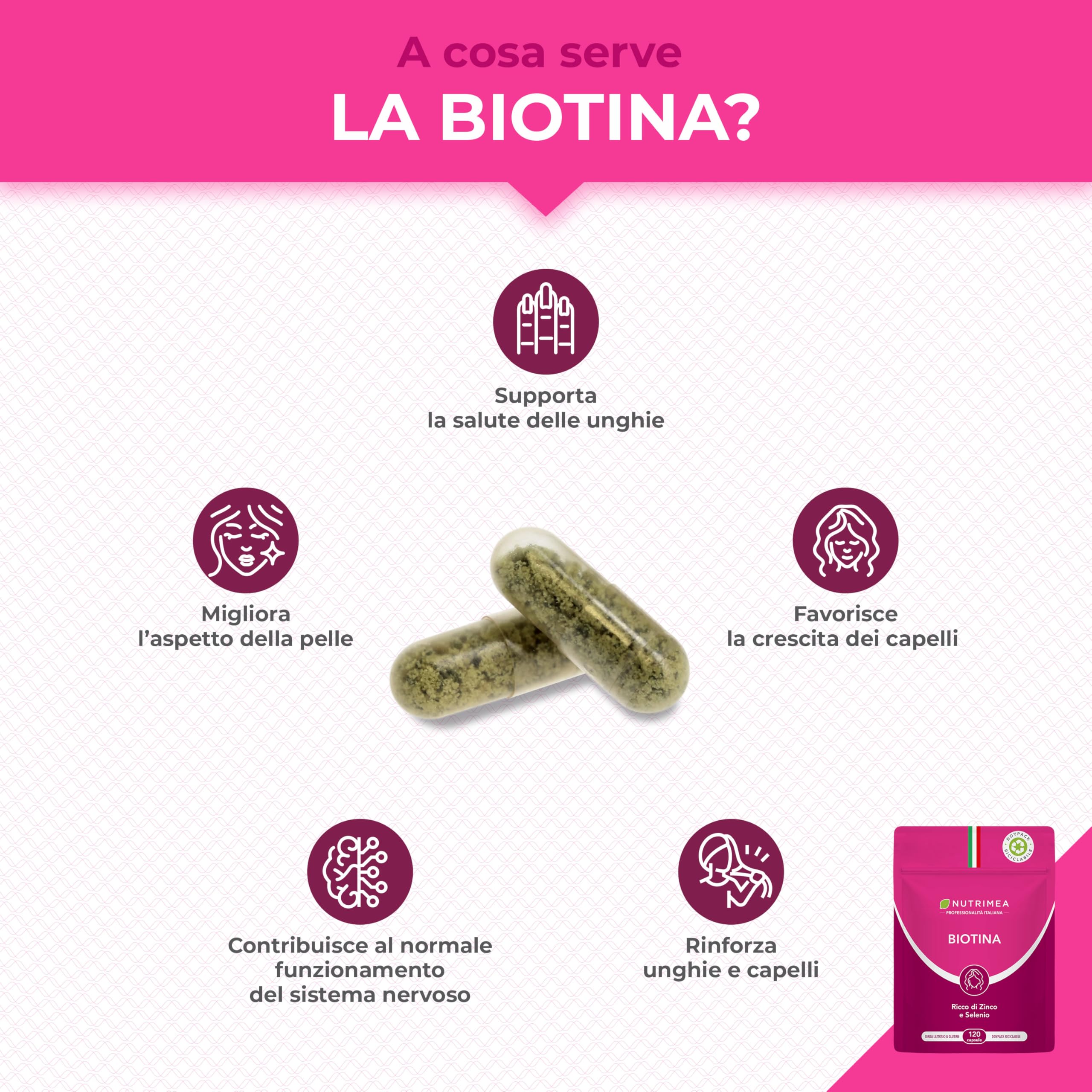 Biotina Capelli | 120 Capsule | Integratori Per Capelli, Unghie e Pelle | Vitamina B8, Zinco, Selenio e Semi di Zucca | Trattamento 4 Mesi | Nutrimea
