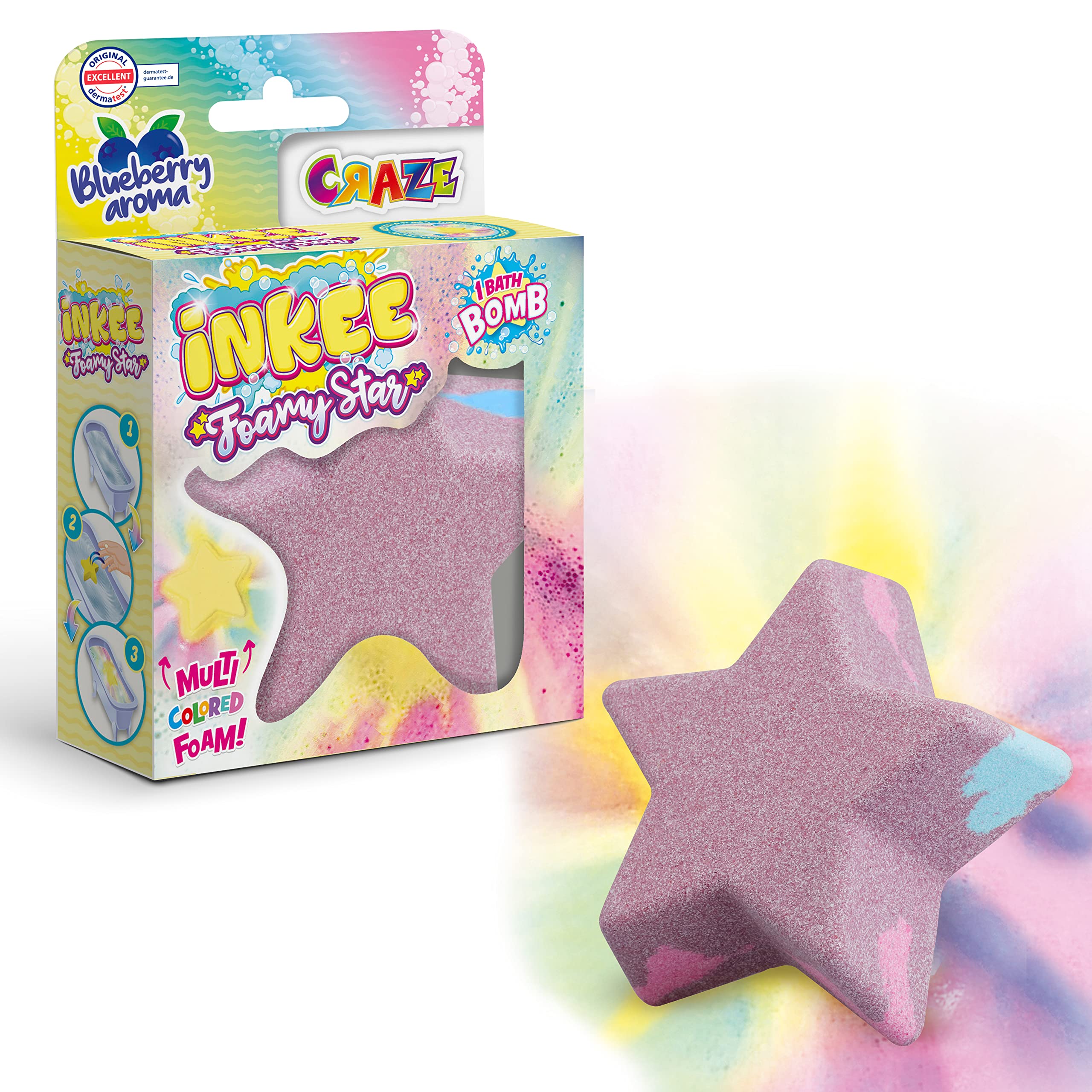 INKEE Foamy Star | bomba do kąpieli dla dzieci w kształcie gwiazdy, kula do kąpieli z aromatem jagód, 70 g, super kremowa