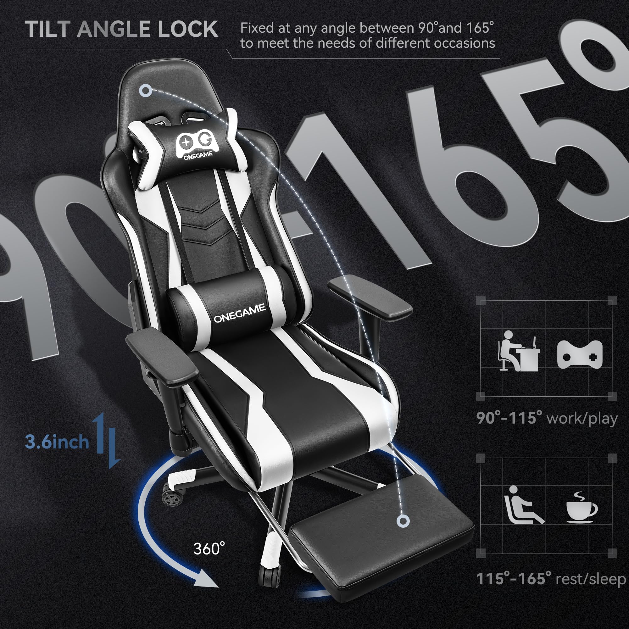 OneGame Sedia Gaming con Poggiapiedi, 3D Braccioli Sedia Gamer grande alta, Ergonomica Regolabili in pelle PU, PC videogiochi Ufficio, 150-200KG, Bianco