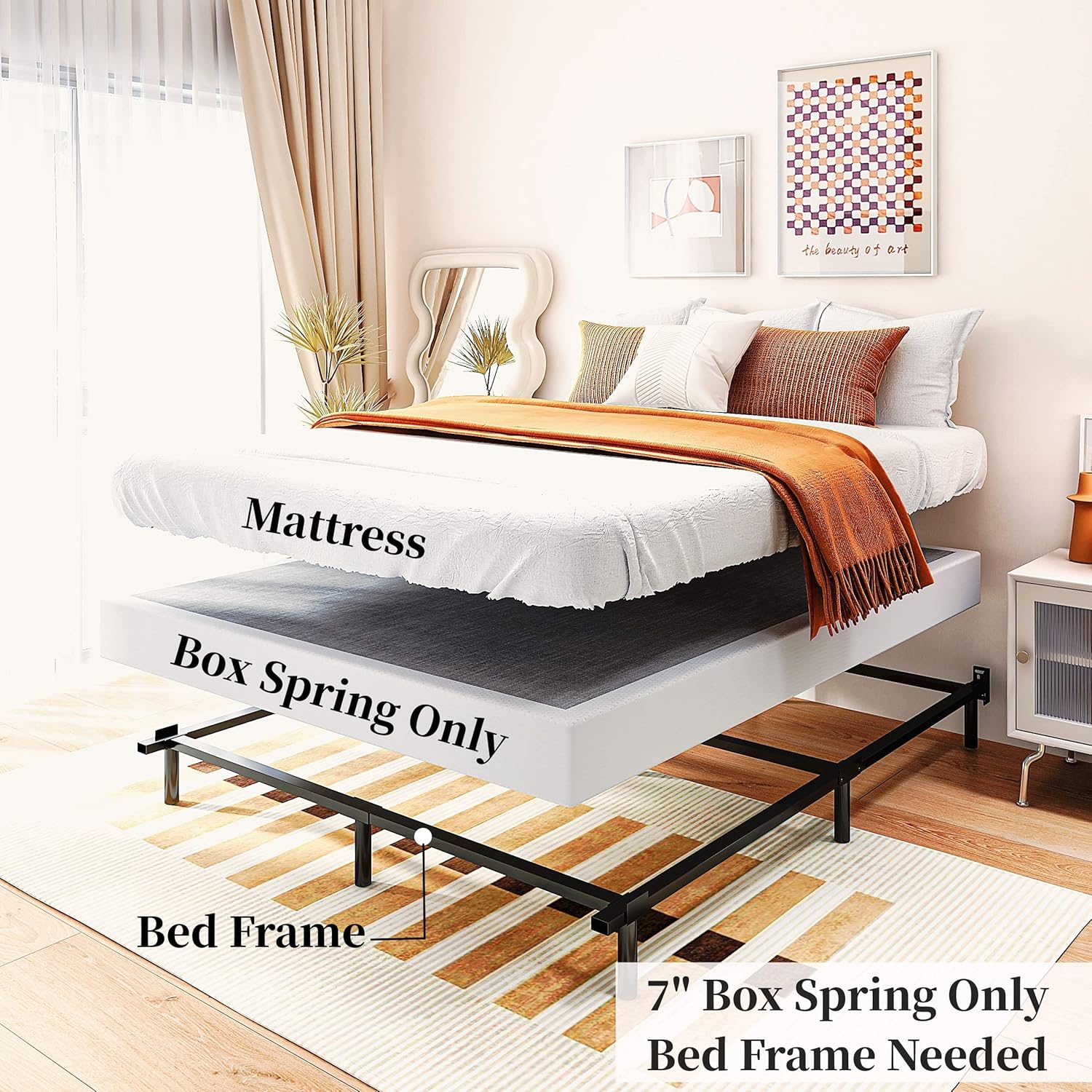 7 Inch Box Spring Queen, Metal High Profile Spring, Heavy Duty Mattress Foundation, Easy Clean Cover, Quiet, Non-Slip, Simple Assembly