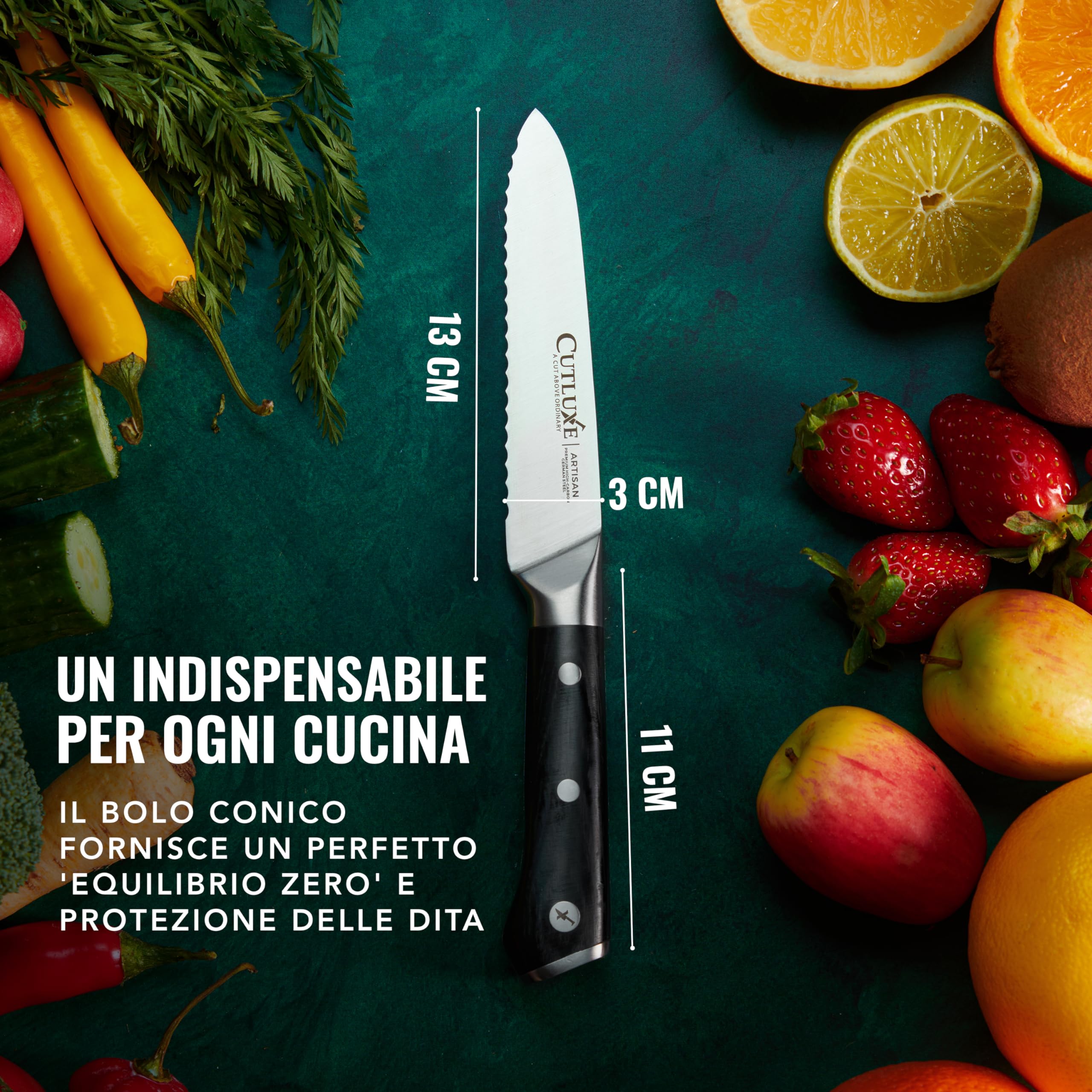 Cutluxe Seghettato Coltello Universale - 13 cm Coltello da Cucina Professionale - Coltello Pomodoro - Coltello Verdure - Acciaio Tedesco al Carbonio Forgiato - Impugnatura Ergonomica - Serie Artisan