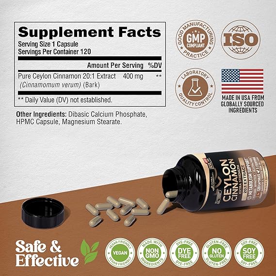 Ceylon Cinnamon Capsules - Extra Strength - Energy, Heart & Metabolism Support - for Men & Women - Pure Natural Extract 20:1 Supplement - Lab Tested - GMO & Gluten Free, 120 Capsules, 4 Month Supply