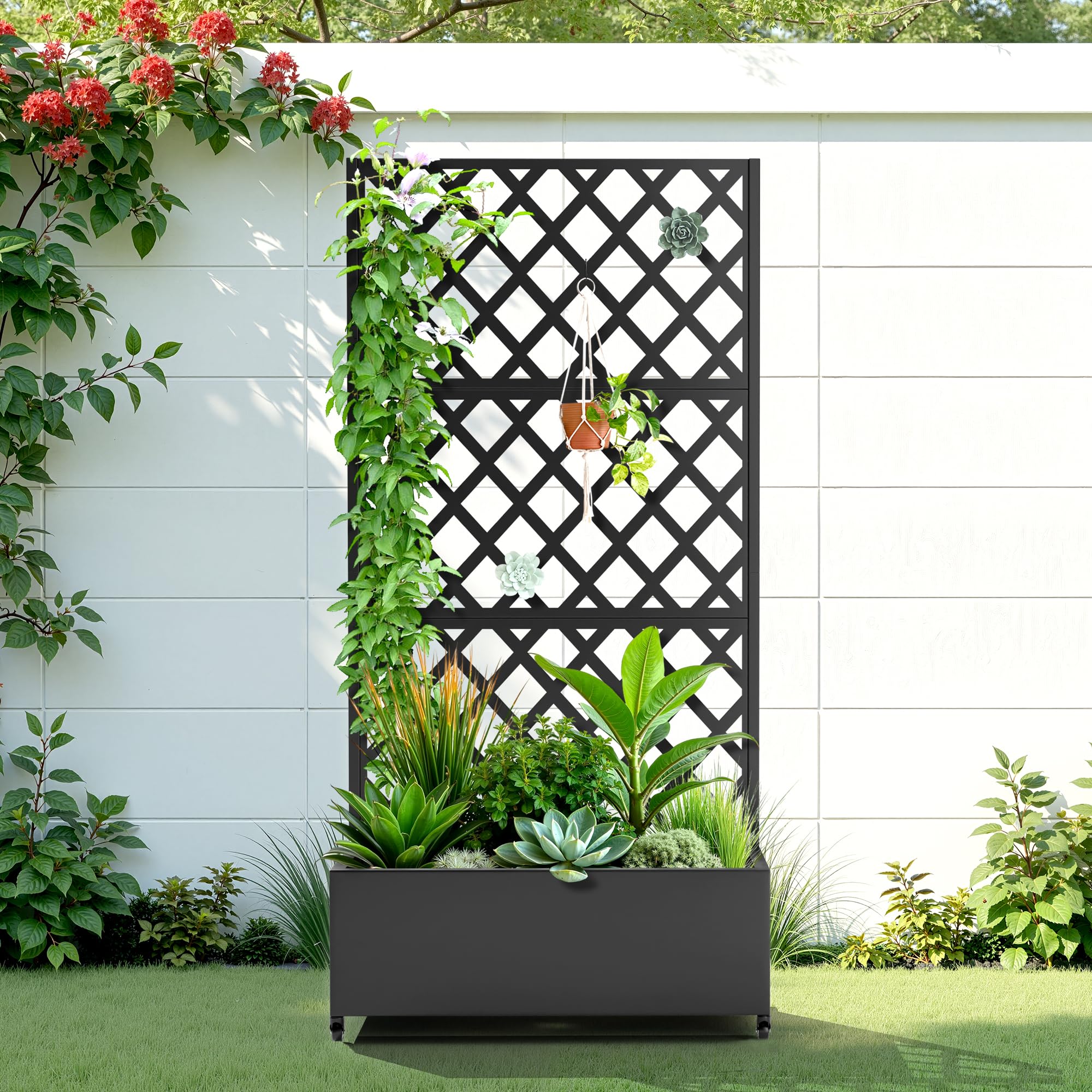 Metal Raised Garden Bed with Trellis and Wheels, 2 in 1 Trellis with Planter Box & Privacy Screen for Climbing Plants, Outdoor Standing Flower Beds