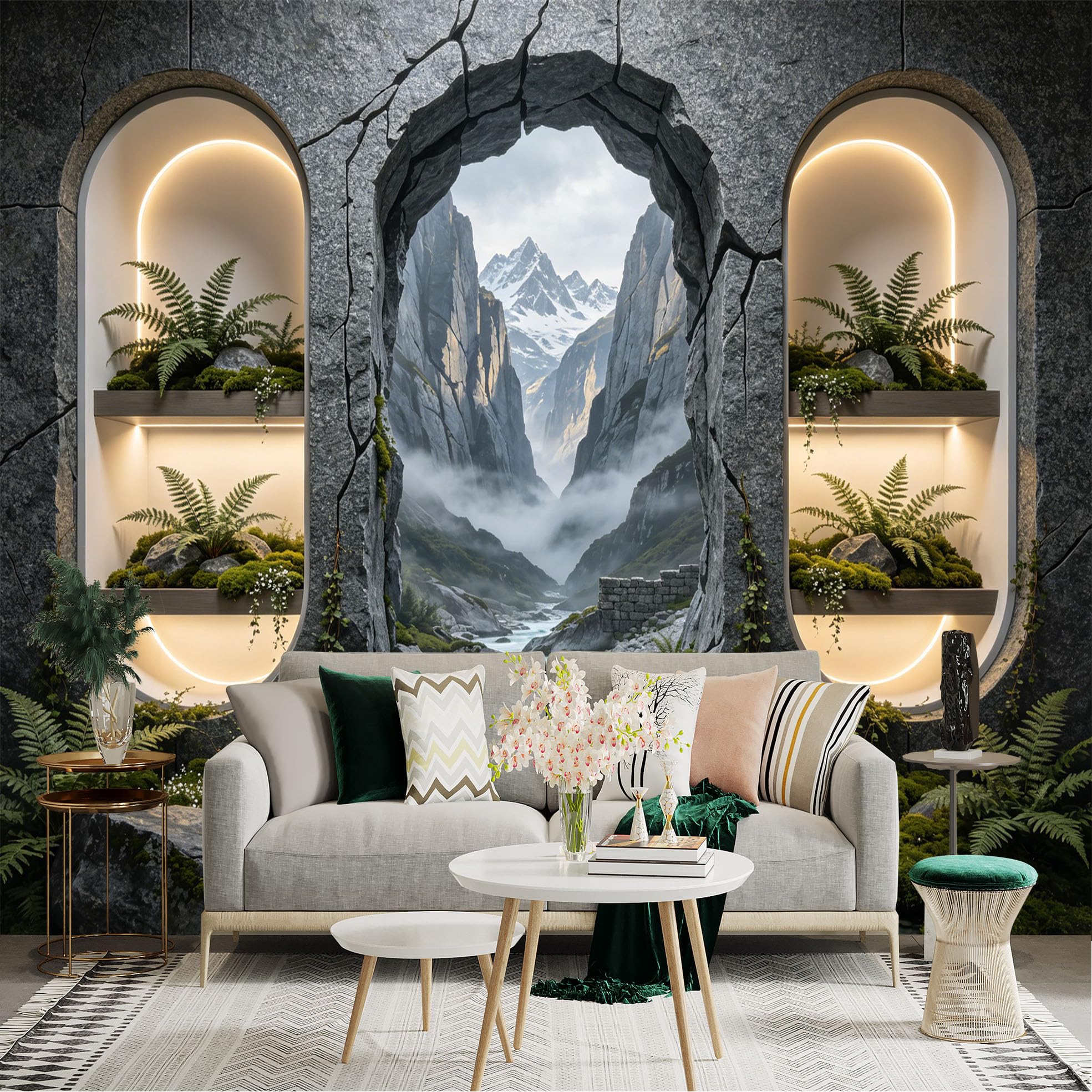 Custom Size Wall Sticker Mural， Fantasy Stone Archway with River， Mountains and Green Ferns， for wall Decoration， peelandstick wall Decals.