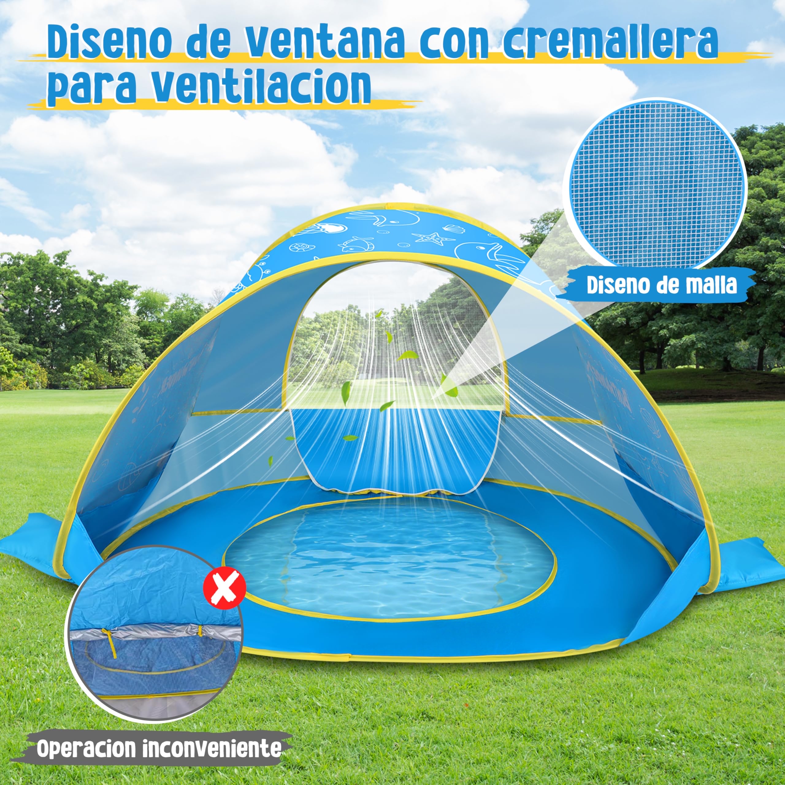 Herenear Tienda Playa Bebé Pop Up, Tienda Refugio Infantil con Mini Piscina, Plegable Portátil Protección UV para Playa, Pícnic y Jardín (Azul)