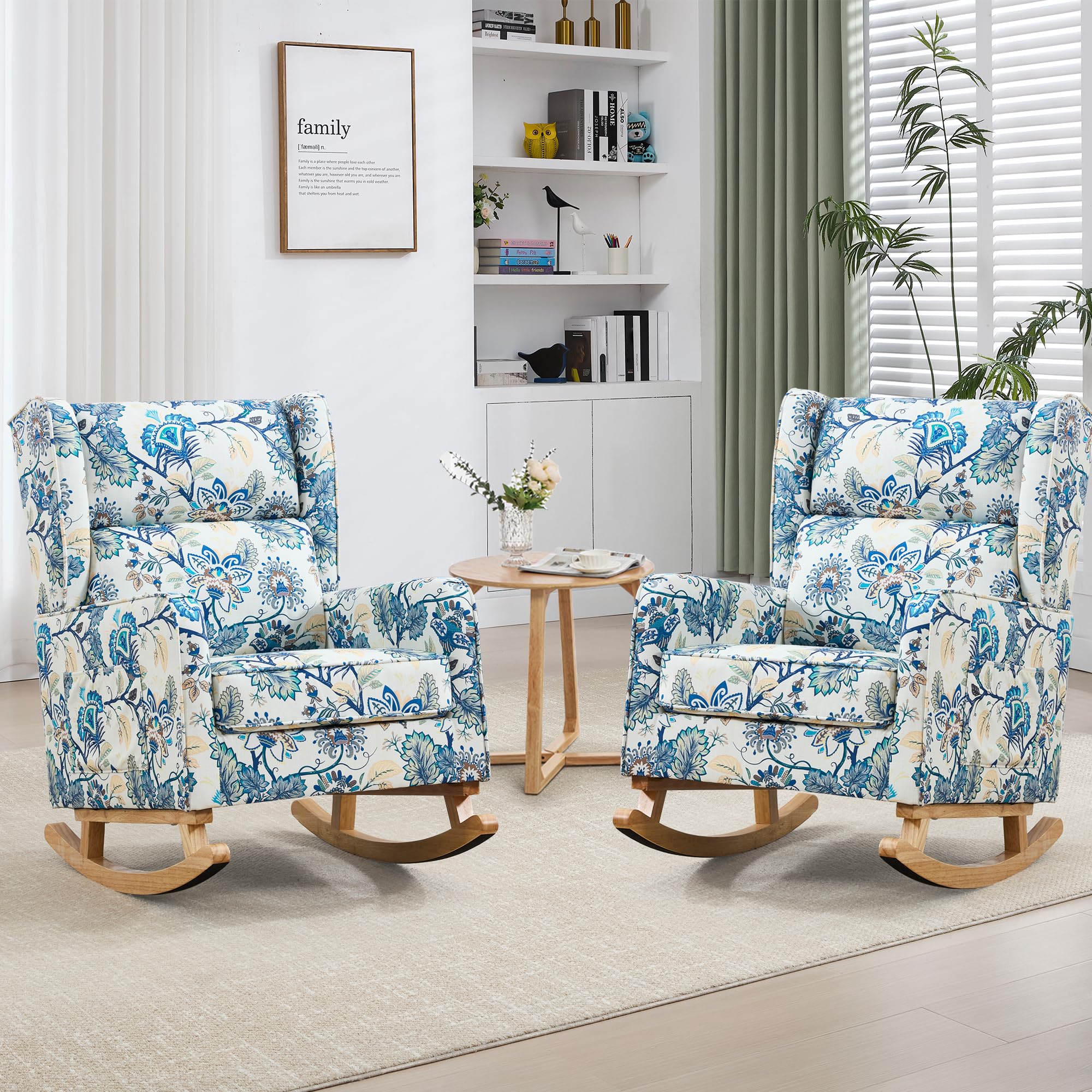 HCHAIRH Nursery Rocking Chairs, Rocking Chair Nursery for Mom Nursery Rocker with High Backrest and Solid Wood Legs, Modern Wingback Accent Chairs Set of 2 for Reading Living Room Bedroom, Blue Floral