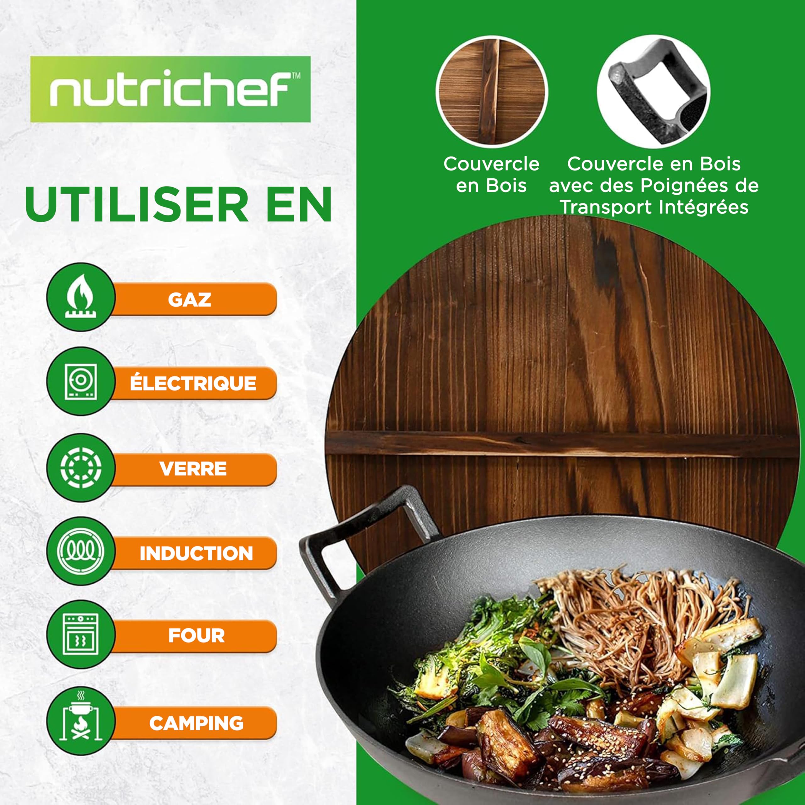 NutriChef Wok en Fonte-Pré-assaisonnée de 5,5 L - Poêle - Couvercle en Bois - Compatible avec Plaques de Cuisson Électriques et Induction - Grande Taille, Black