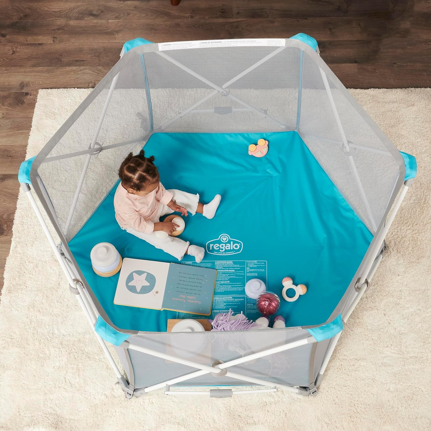 Regalo Safety My Play Portable Baby Playpen & Play Yard, Foldable 6-Panel Indoor Outdoor Playpen for Babies & Toddlers, Mesh Sides, Washable Fabric, 48”, Aqua/White