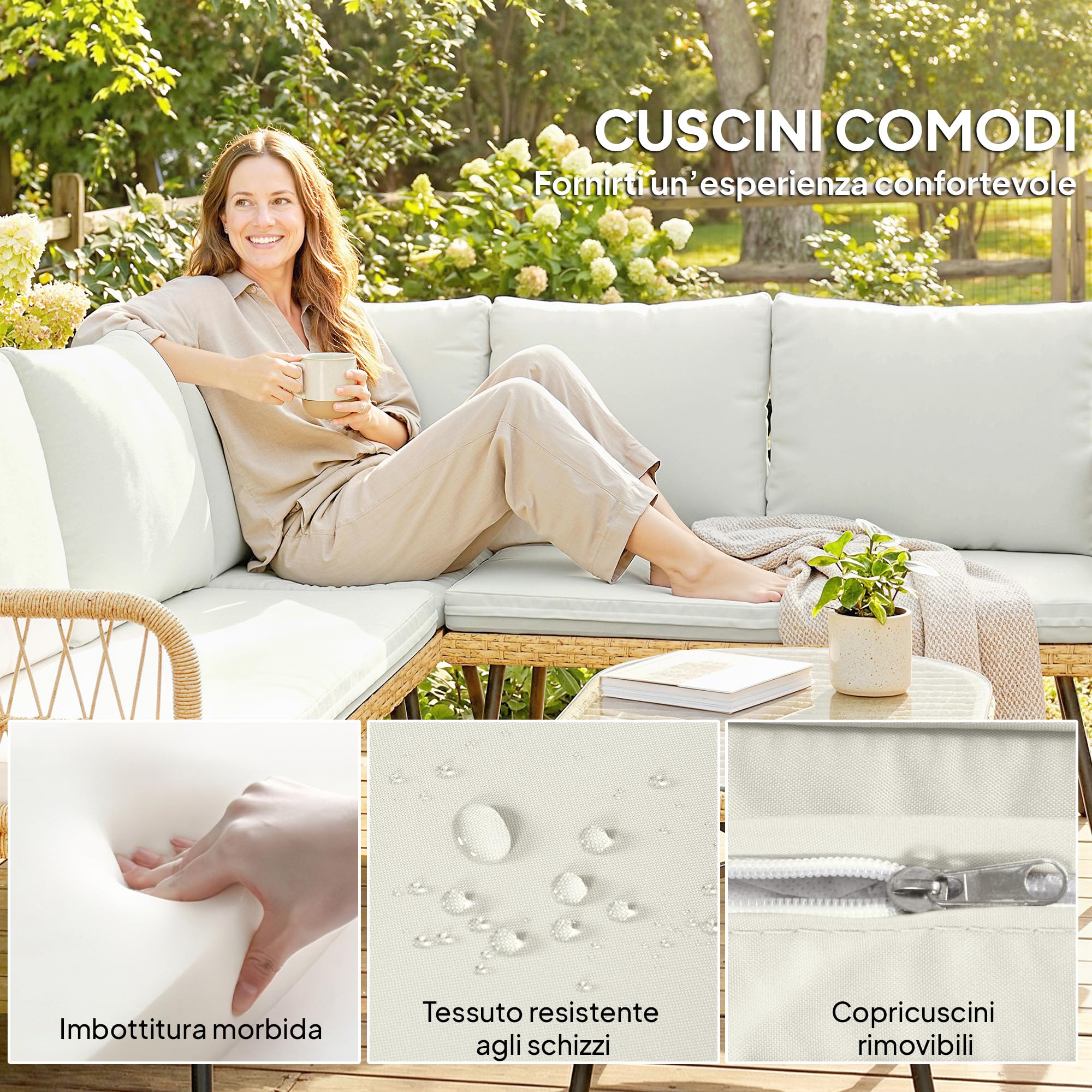 Outsunny Set Salotto da Giardino in Rattan 4 Pezzi, Salottino da Giardino Esterno ad L con 2 Divani 2 Posti, Angolo, Tavolino da Caffè, Cuscini, Struttura in Acciaio, per Balcone Patio, Naturale/Crema