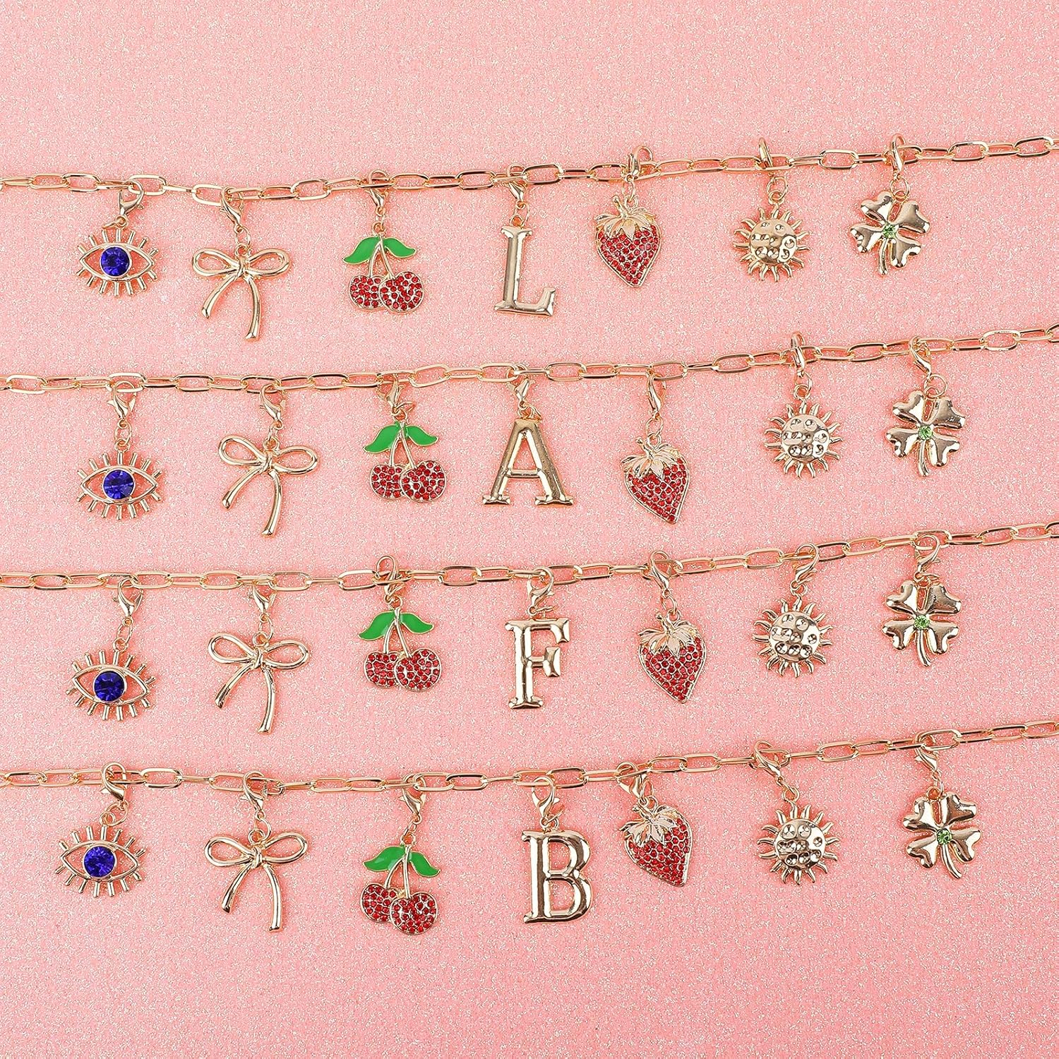 Initial Charm Necklace for Women, Evil Eye Four-Leaf Clover Sun Bow Cherry Strawberry Removable Charms Necklace Paper Clip Chain Choker, Trendy Jewelry Birthday Christmas Gifts for Her (Letter F ) - Image 6