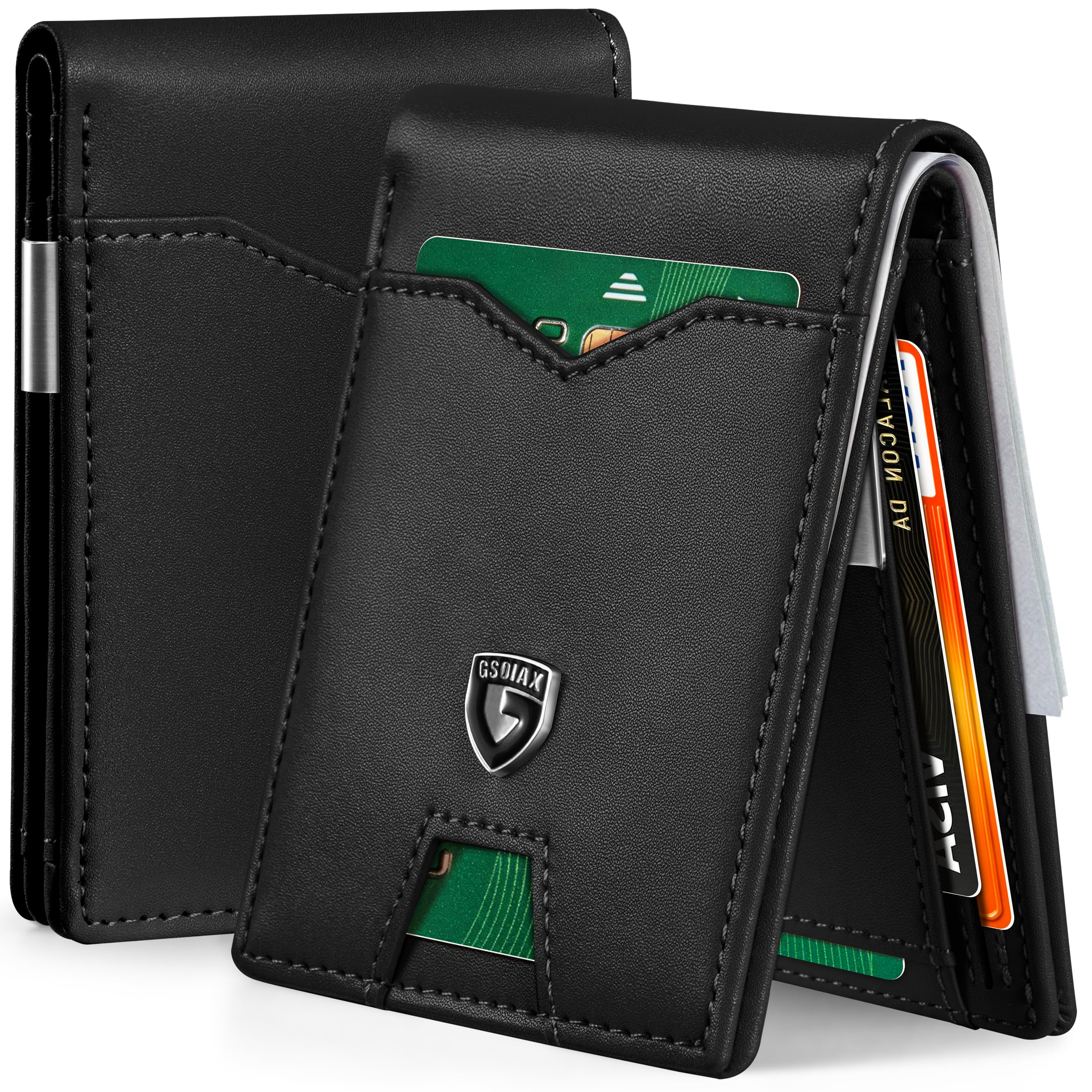 Slim Wallet for Men Rfid Blocking Leather Bifold Front Pocket Carbon Fiber Men's Money Clips Credit Card Holder With Gift Box, Black-money clip, 4.3 x 3 x 0.5 inches, Slim-image-10