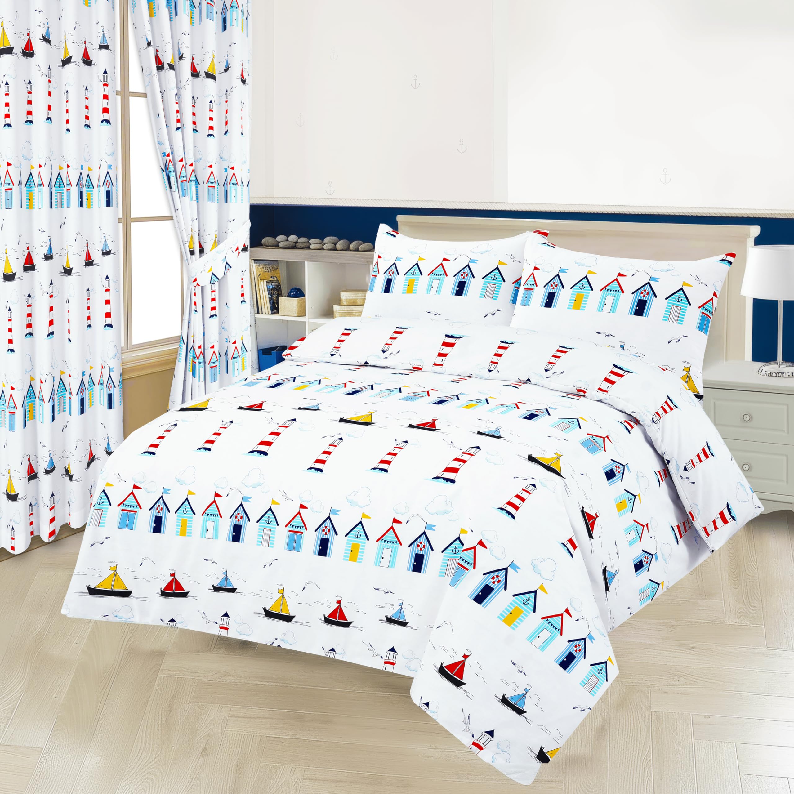 Home Living Nautical Seaside Beach Hut Lighthouse Sails Duvet Cover Set with Matching Pillowcase(s) (Double)