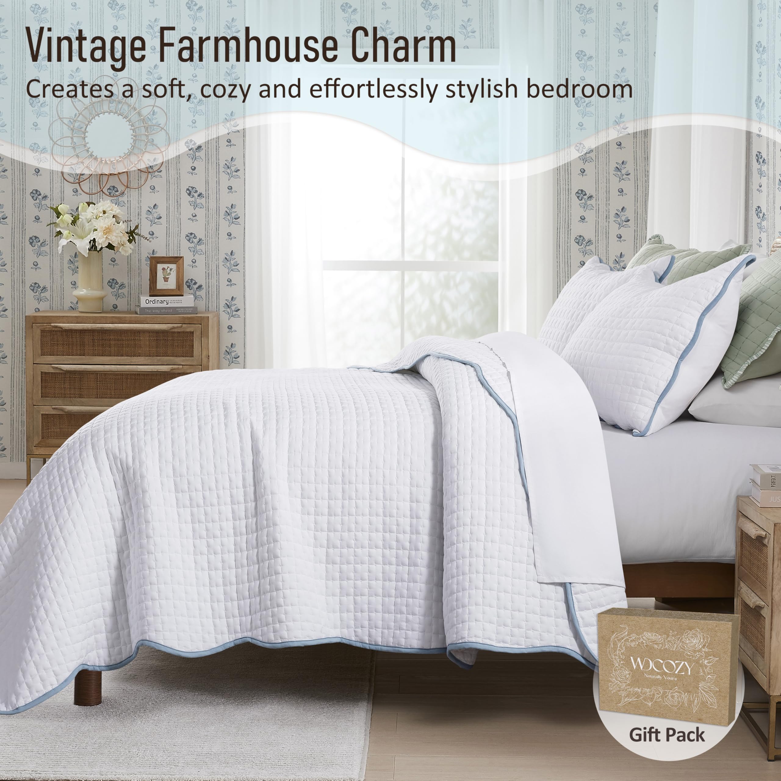 WDCOZY Set di biancheria da letto con copripiumino bianco per letto singolo, smerlato rustico rustico e leggero, copriletto Kantha Pick Stitch, 1 federa per cuscino, bordo blu con cuciture bianche
