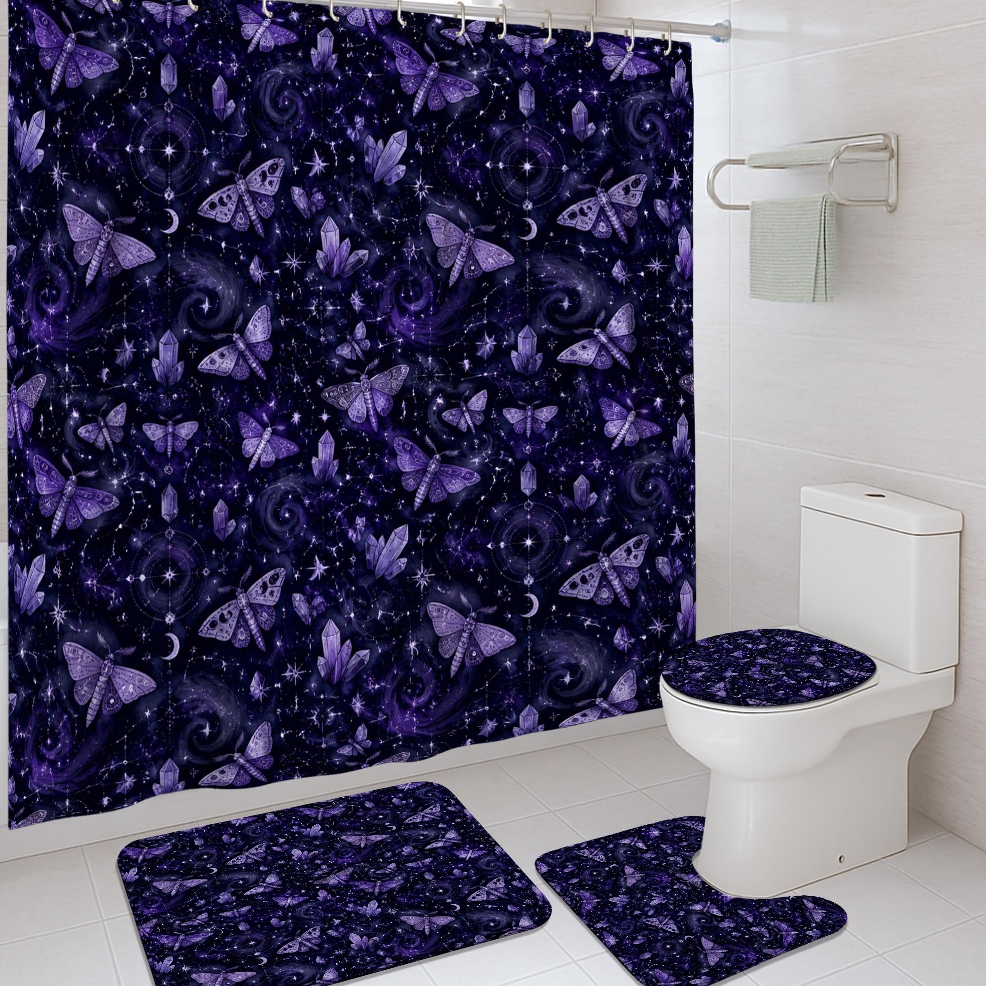 Ensemble rideau de douche violet lune et tapis 183x183 cm
