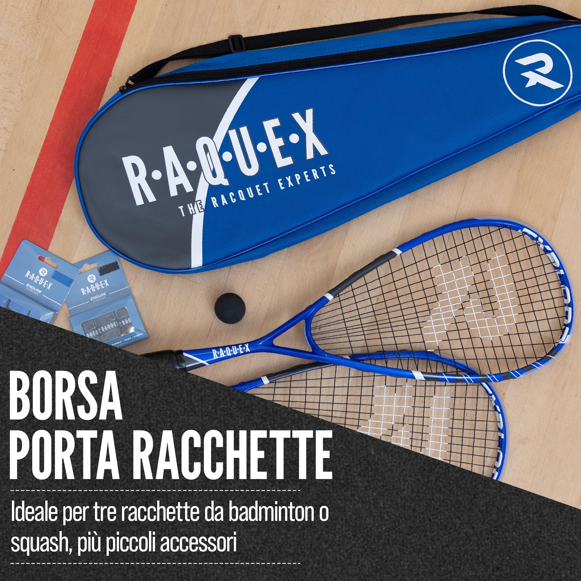 Raquex Borsa tre racchette da badminton - Custodia per racchette da badminton o da squash, con tracolla regolabile - Borsa sportiva per racchette da uomo e da donna