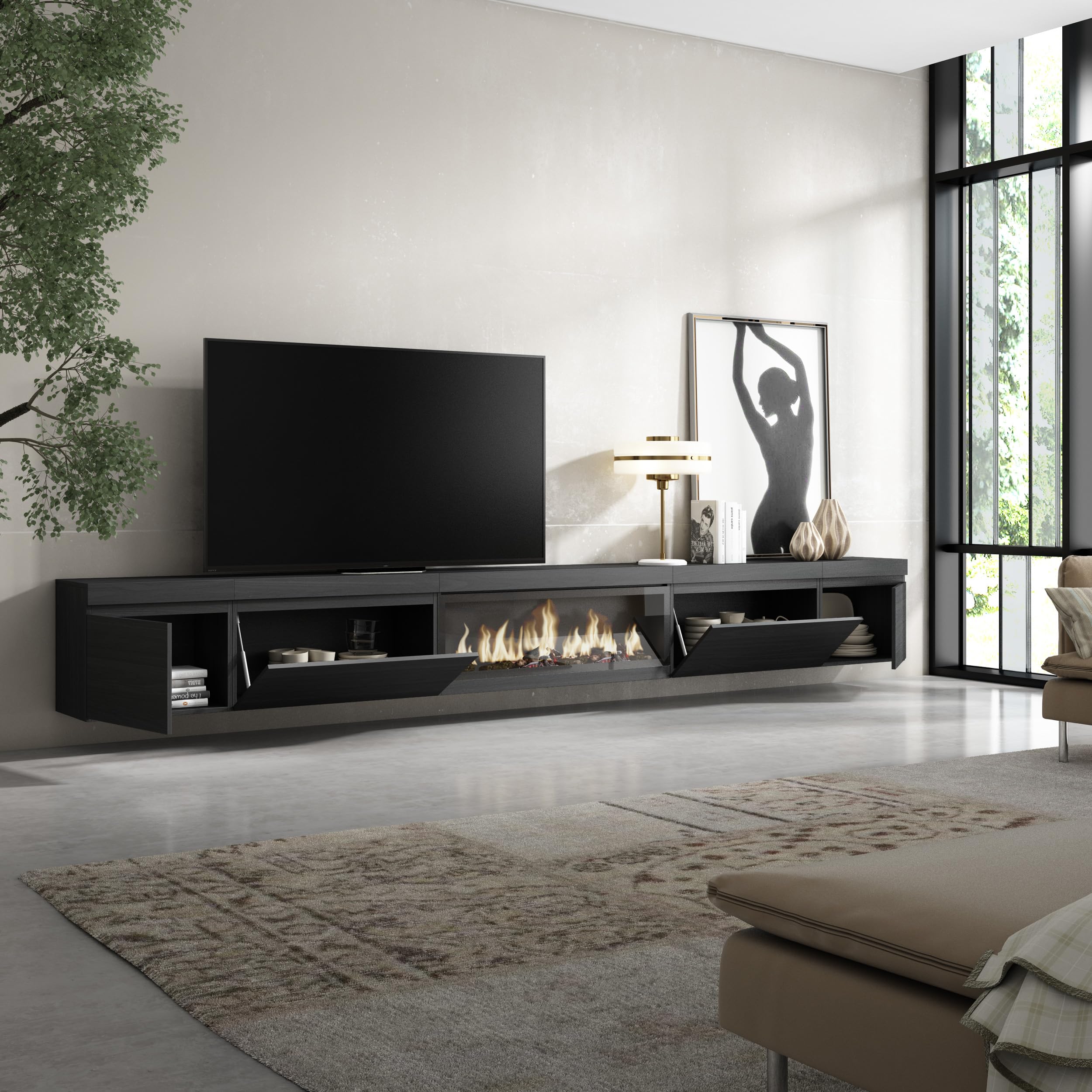 Skraut Home | Mobile TV Soggiorno | Ampio spazio a disposizione | 368x45x35 | Camino elettrico XXL | Sospeso, da appendere | Stile moderno | Nero