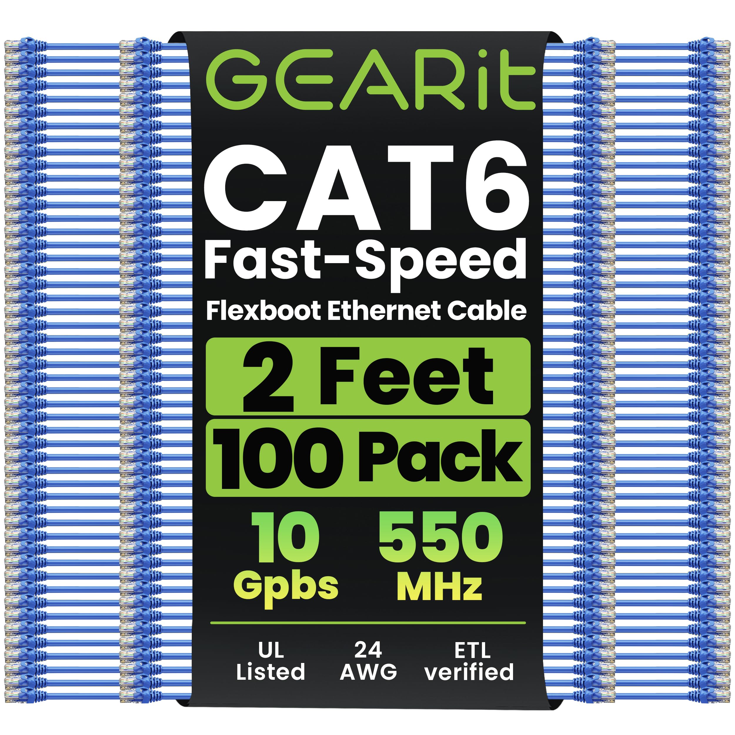 GEARit 100-Pack Cat6 Patch Cable 2 Feet Cat 6 Ethernet Cable Snagless Flexible Soft Tab - Premium Series - Blue