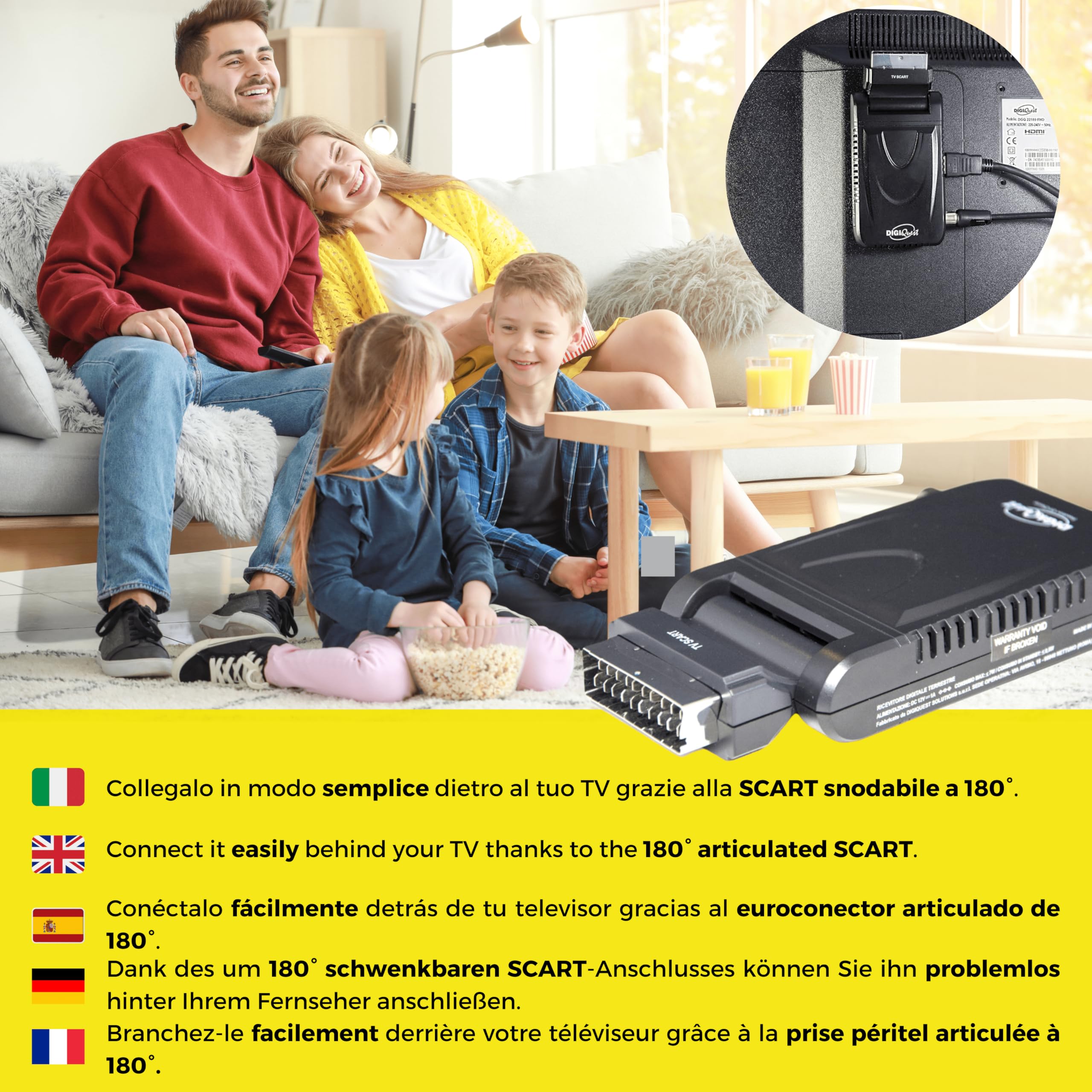 Digiquest INVISIBILE Decoder Digitale Terrestre DVB-T2 HEVC 10bit Full HD, Mini Decoder SCART HD Snodabile 180°, Alimentazione 12V per Camper e Barche, Media Player USB, Telecomando TV tramite CEC
