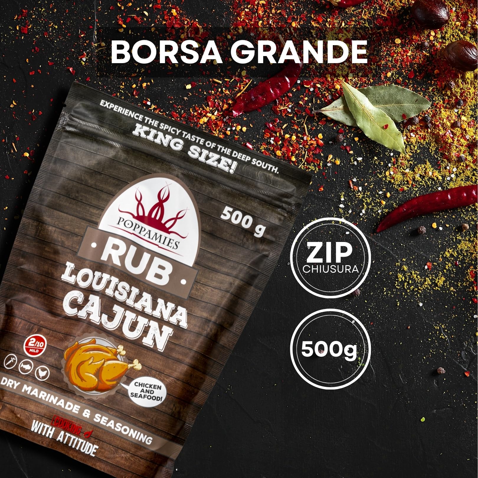 Poppamies Louisiana Cajun BBQ Rub - Condimento BBQ 100% Naturale - Marinatura Secca e Spezie Particolarmente Adatto per Pollo -Confezione Grande 500g