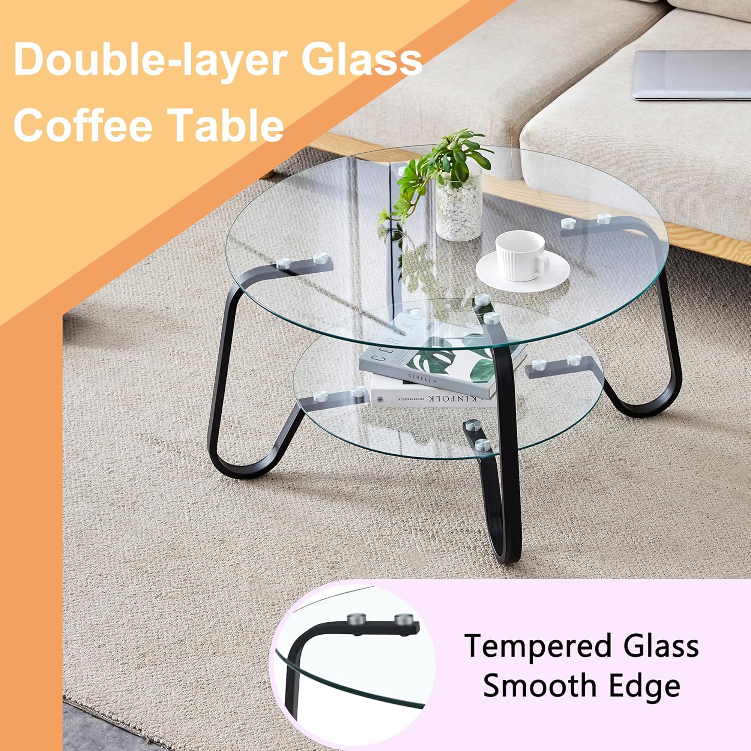 Round Coffee Table for Living Room, Gold Coffee Table with Tempered Glass & Metal Frame, Modern Glass Living Table for Home&Office (Black)
