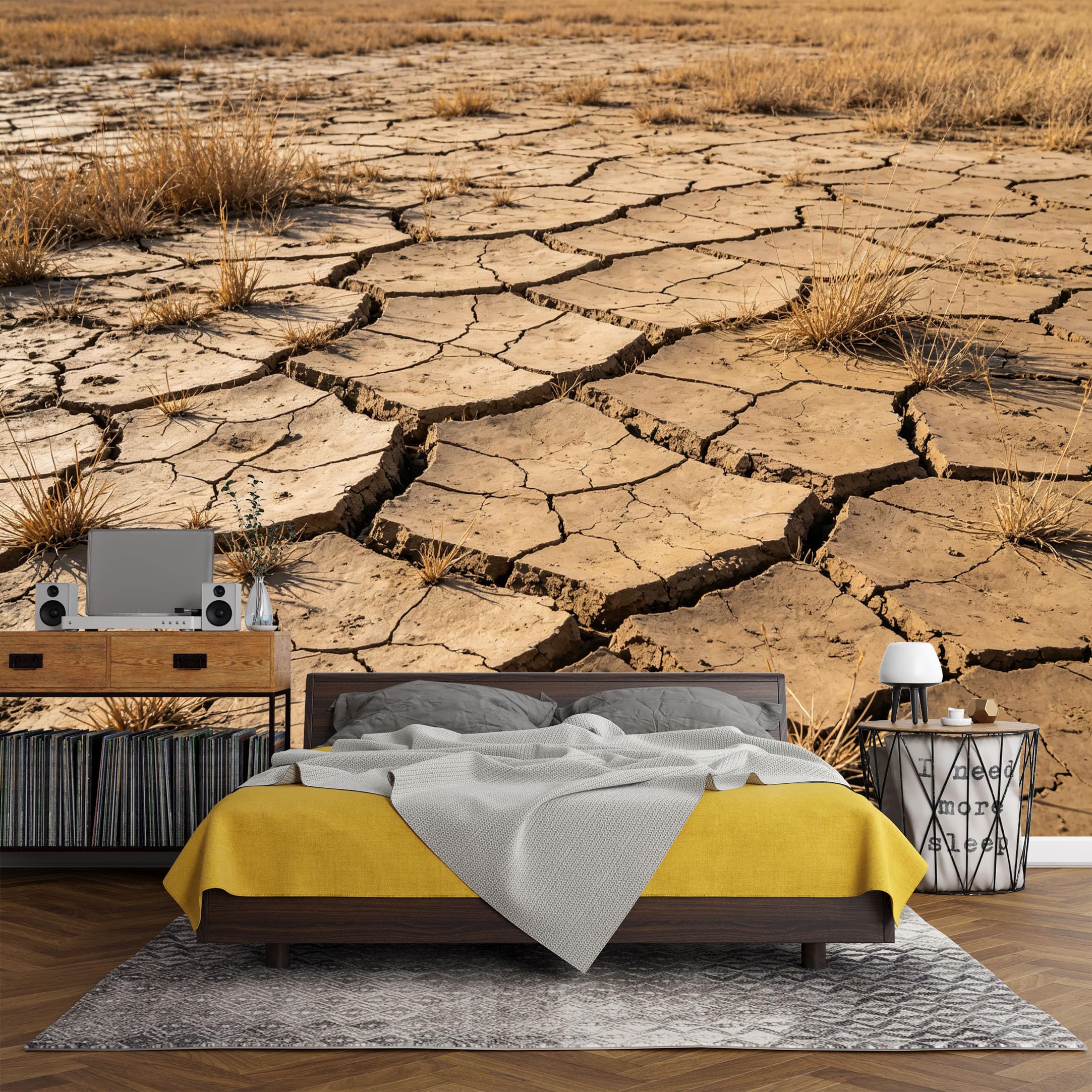 Custom Size Wall Mural， Desert Cracked Earth Drought Landscape Dry Soil Texture Natural Scene，SelfAdhesive Art Prints wall Fabric (No PVC) Removable Wallpaper Living Room Decor