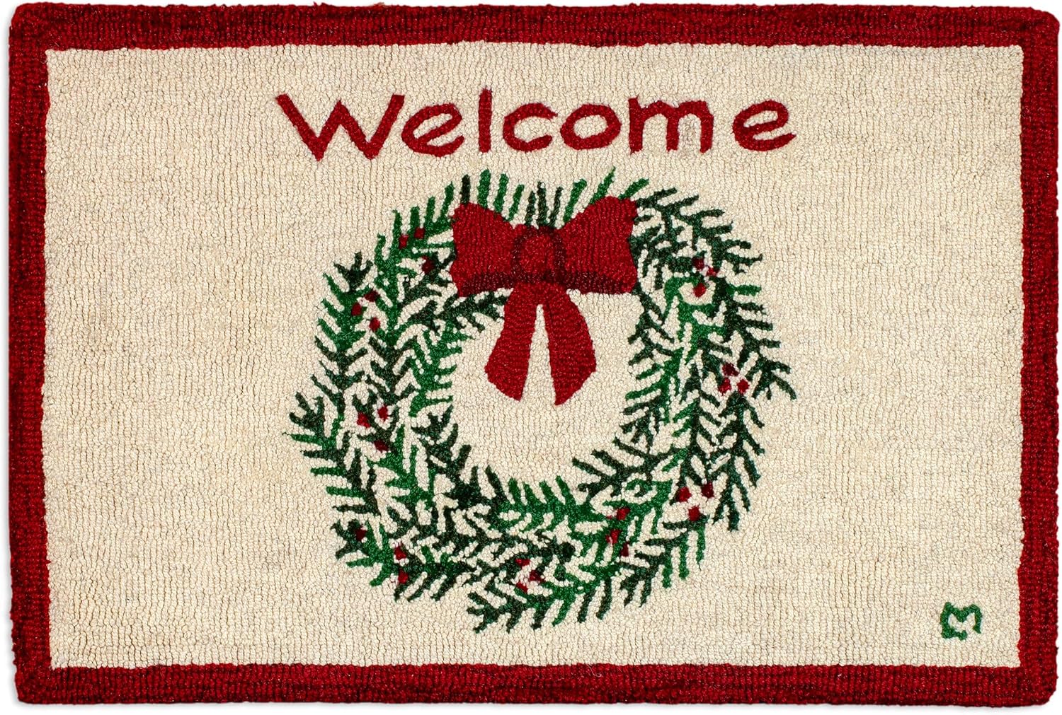 Chandler 4 Corners Artist-Designed Winter Welcome Wreath Hand-Hooked Wool Accent Rug - Christmas Rug for Entryways, Hallways, Living Rooms - Easy Care Goodwill & Season's Greetings Accent Rug