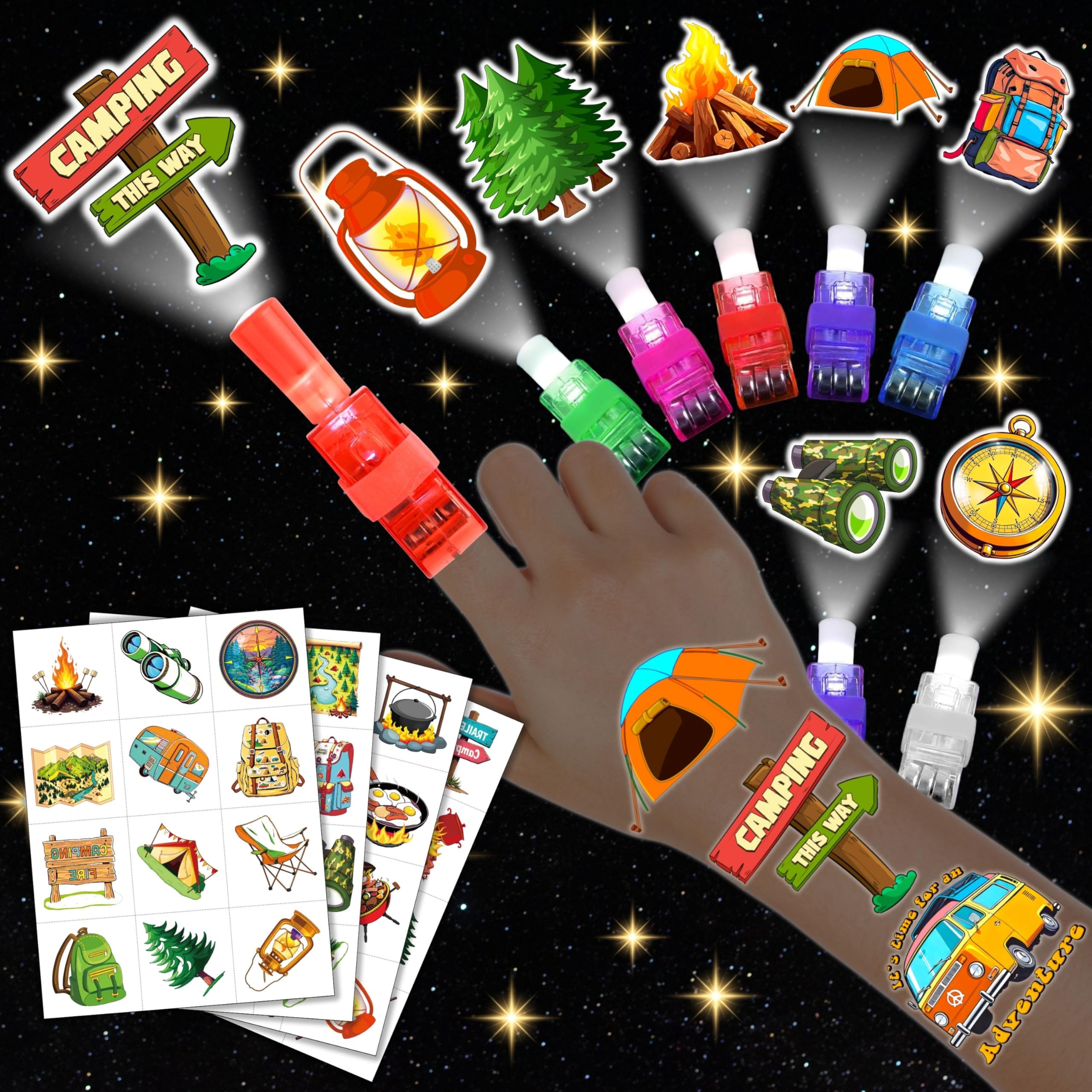 72PCS Camping Party Favors – 48PCS Glow Tattoos & 24PCS LED Finger Lights
