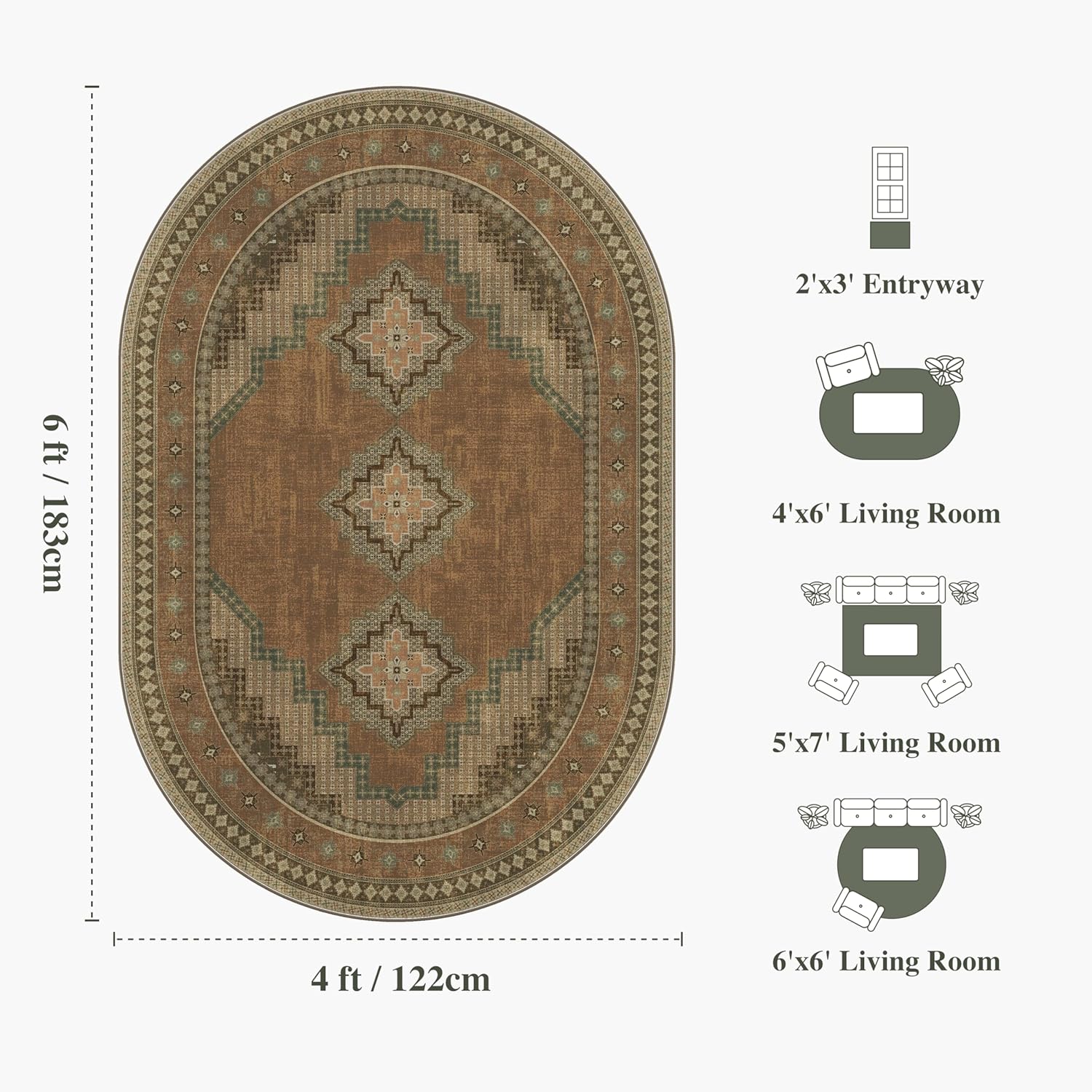 4x6 Oval Rug - Washable Ultra-Thin Living Room Rug Vintage Non-Slip Carpets - Soft & Stain Resistant Rug for Kitchen Bedroom Dining Room Living Room Brown Gray Brown Gray 4' x 6' (Oval)