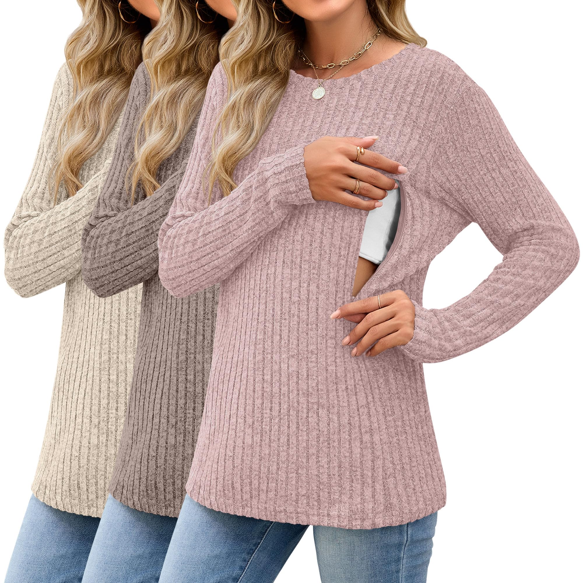 Xuniea 3er Pack Stillshirts Damen Langarm Umstandsshirts Rippstrick Pullover mit verstecktem Reißverschluss zum Stillen