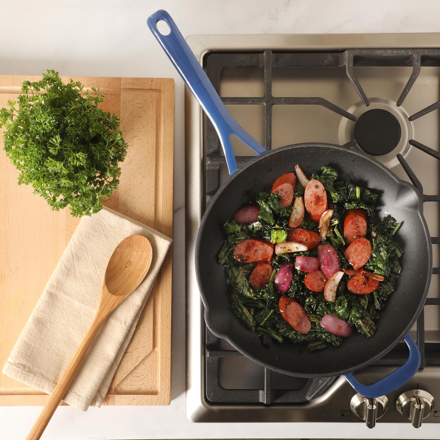 Martha Stewart Gatwick 12” Enameled Cast Iron Skillet, PFAS-Free, Classic Blue Exterior with Matte Black Enamel Interior, Rust Resistant, Oven Safe
