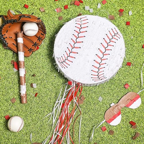 Miniatura 7 de Piñata de béisbol con bate con los ojos vendados para fiesta de cumpleaños, piñata de papel de softbol, bolas deportivas, confeti, béisbol,