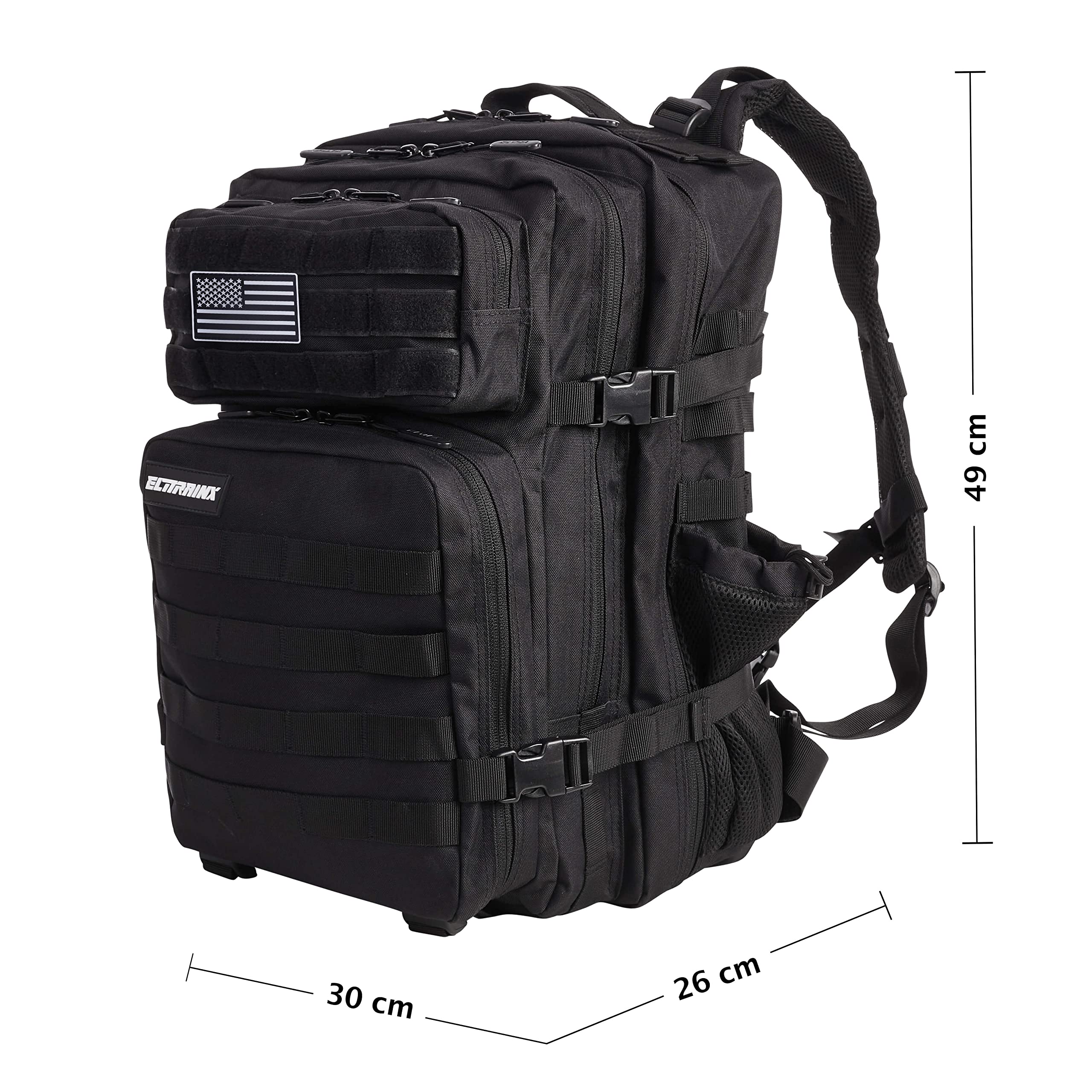 ELITRAINX Mochila 45L Táctica Repelente al agua Zona de Parches, Cabina Avión, CrossTraining, Oxford 1000D Gimnasio Portatil by ELITEX TRAINING (Negro)