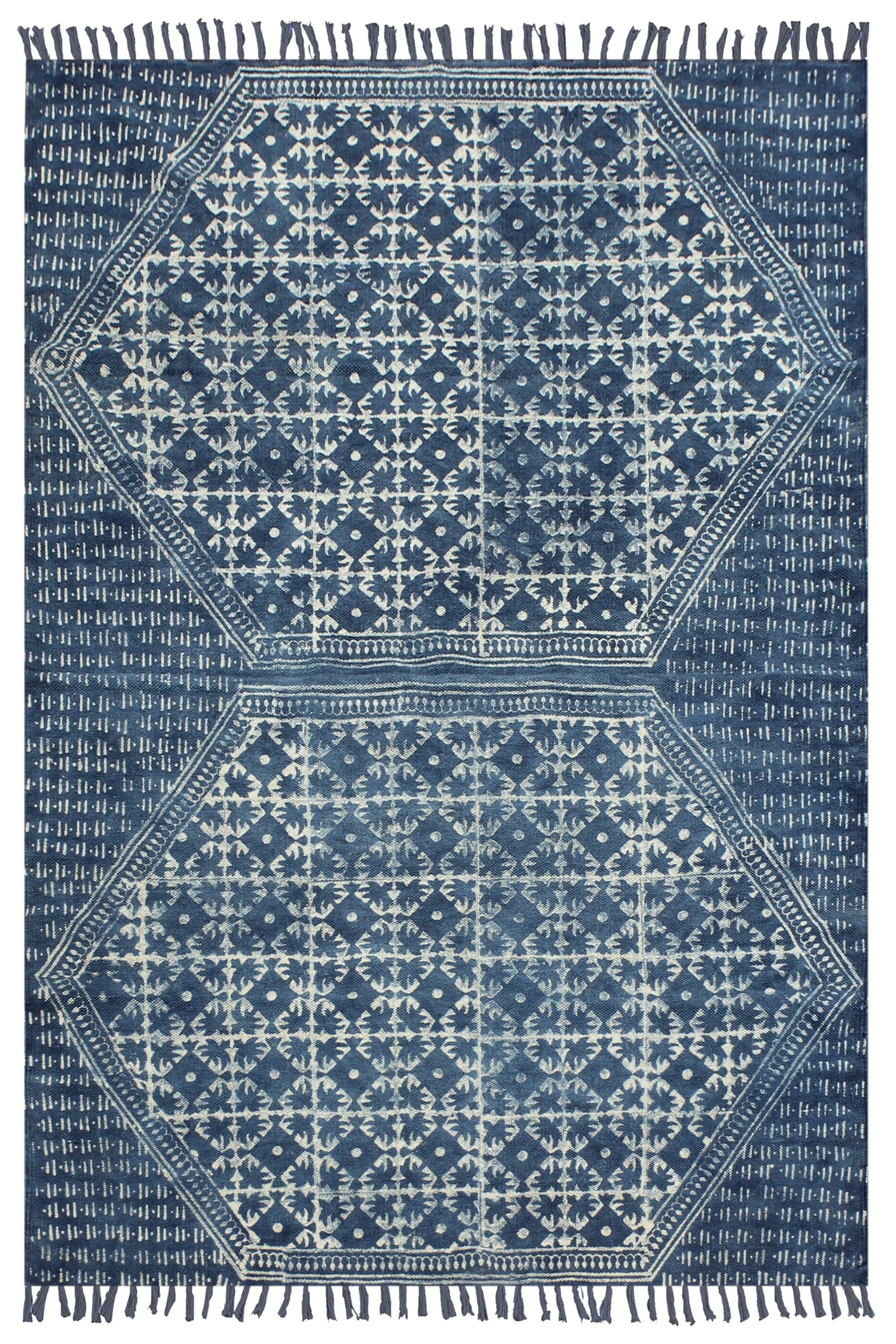 Alfombra de algodón para salón y terraza: estilo geométrico azul 4x8 pies