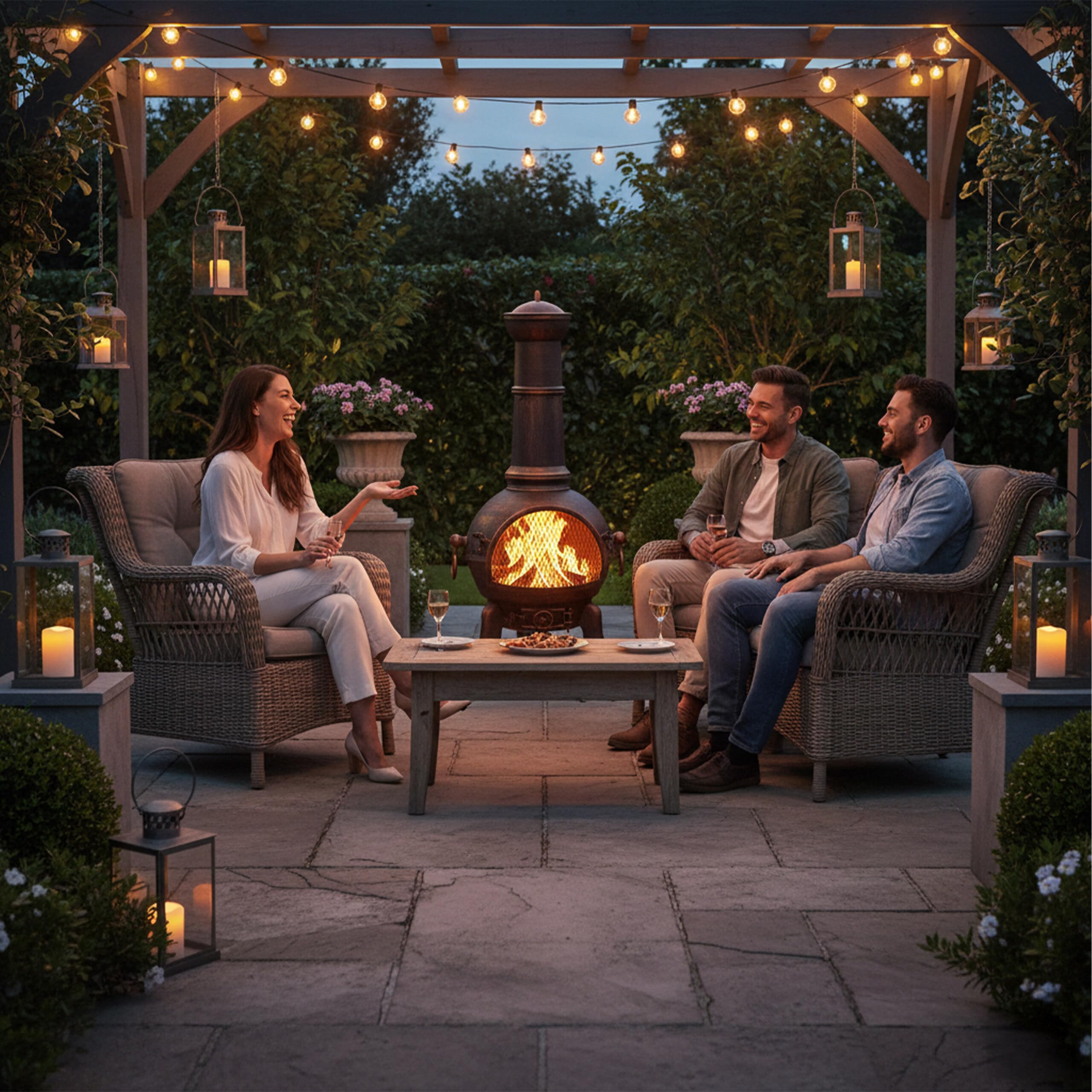 Relaxdays Terrassenofen, mit Funkenschutz, Schürhaken, Feuerrost, Zugluftklappe, Gartenkamin Gusseisen, Stahl, Bronze, 1 Stück