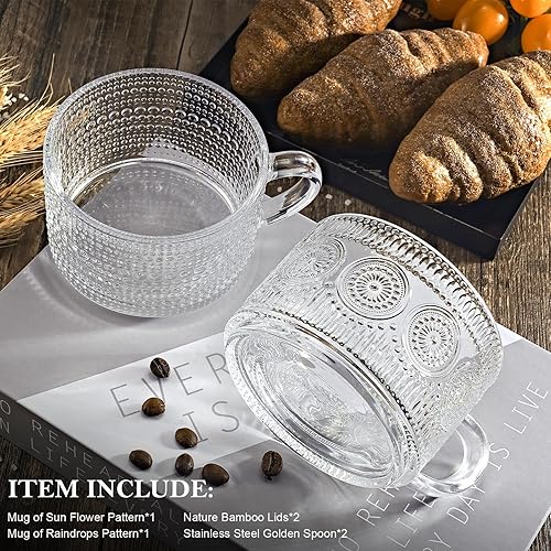 Miniatura 3 de 2 tazas de café vintage, recipientes de avena de 15 onzas con tapas de bambú y cucharas, tazas de café de vidrio transparente en relieve, regalos